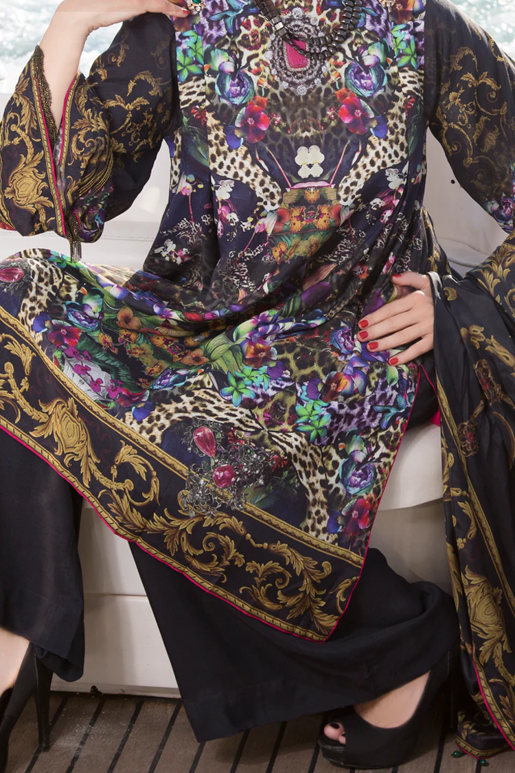 Black & golden Viscose 3 Piece Stitched - ALP-463 - Image 2