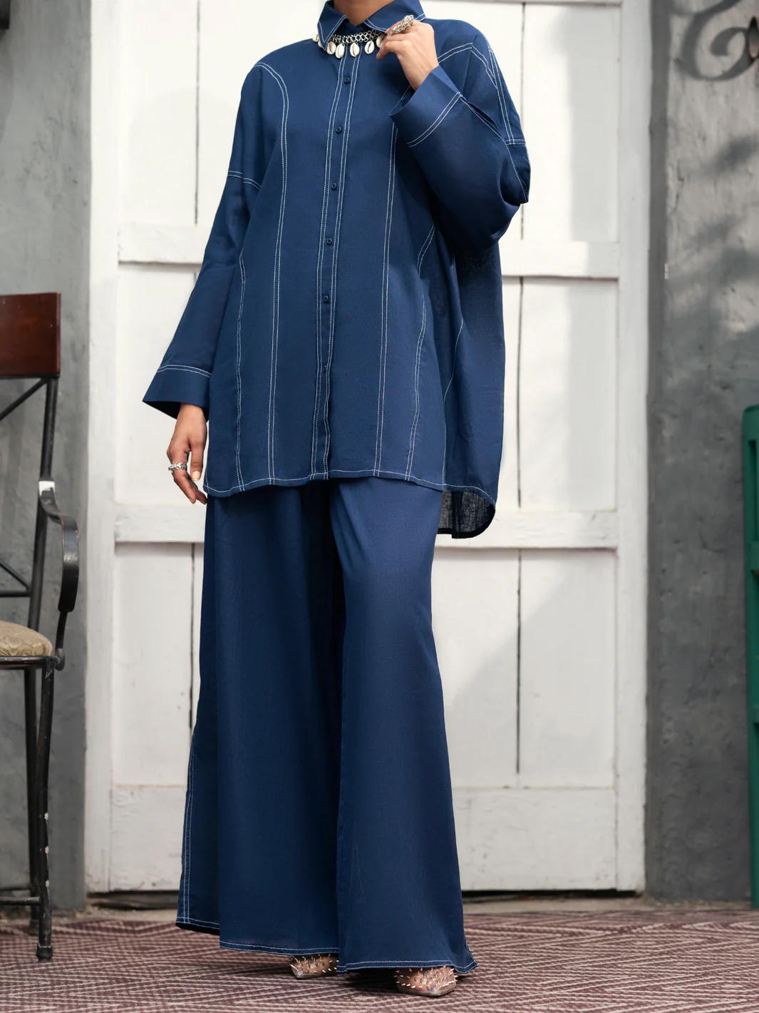 Blue Satin 2 Piece Stitched - AL-2PS-LKS-906