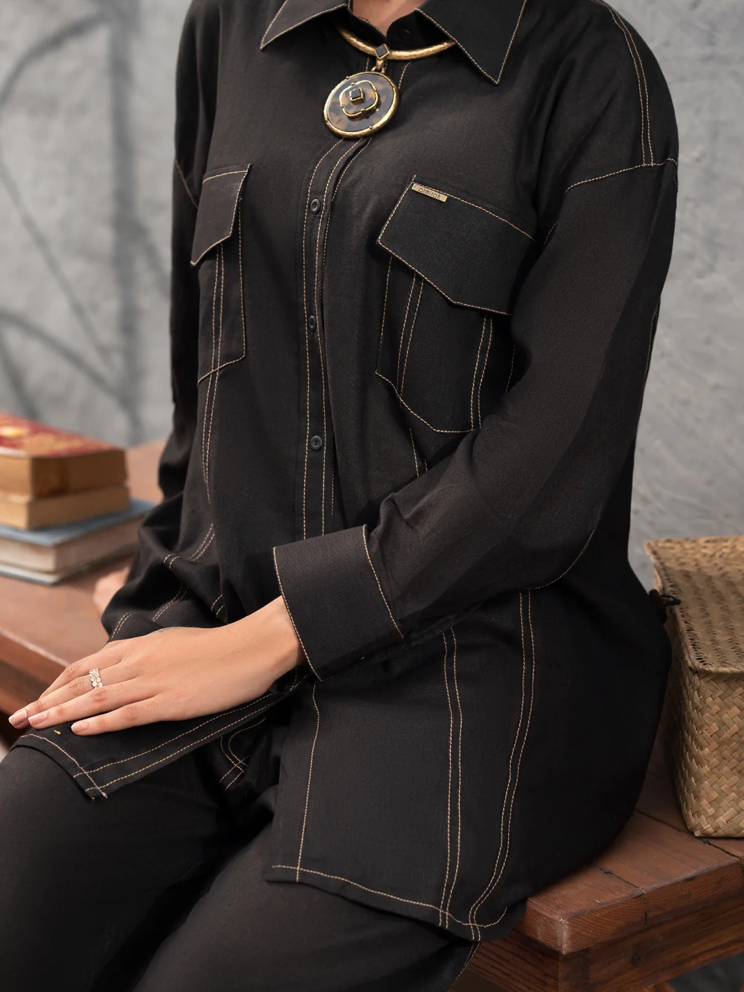 Black Satin 2 Piece Stitched - AL-2PS-LKS-907 - Image 2