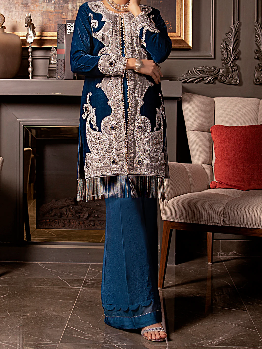 Royal Blue Velvet 2 Piece Formal Stitched - AL-2PS-LS-339 - Image 6