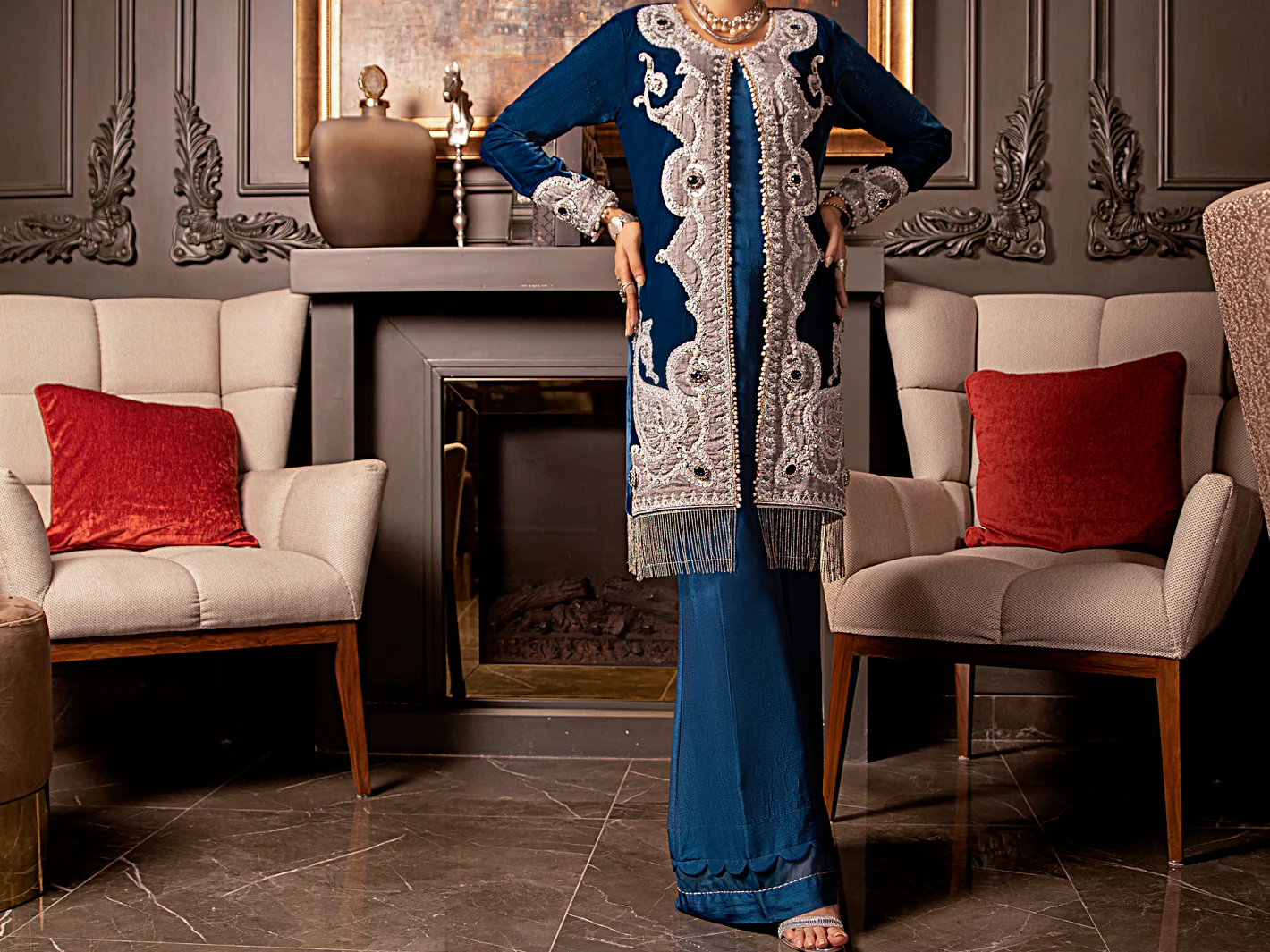 Royal Blue Velvet 2 Piece Formal Stitched - AL-2PS-LS-339 - Image 8