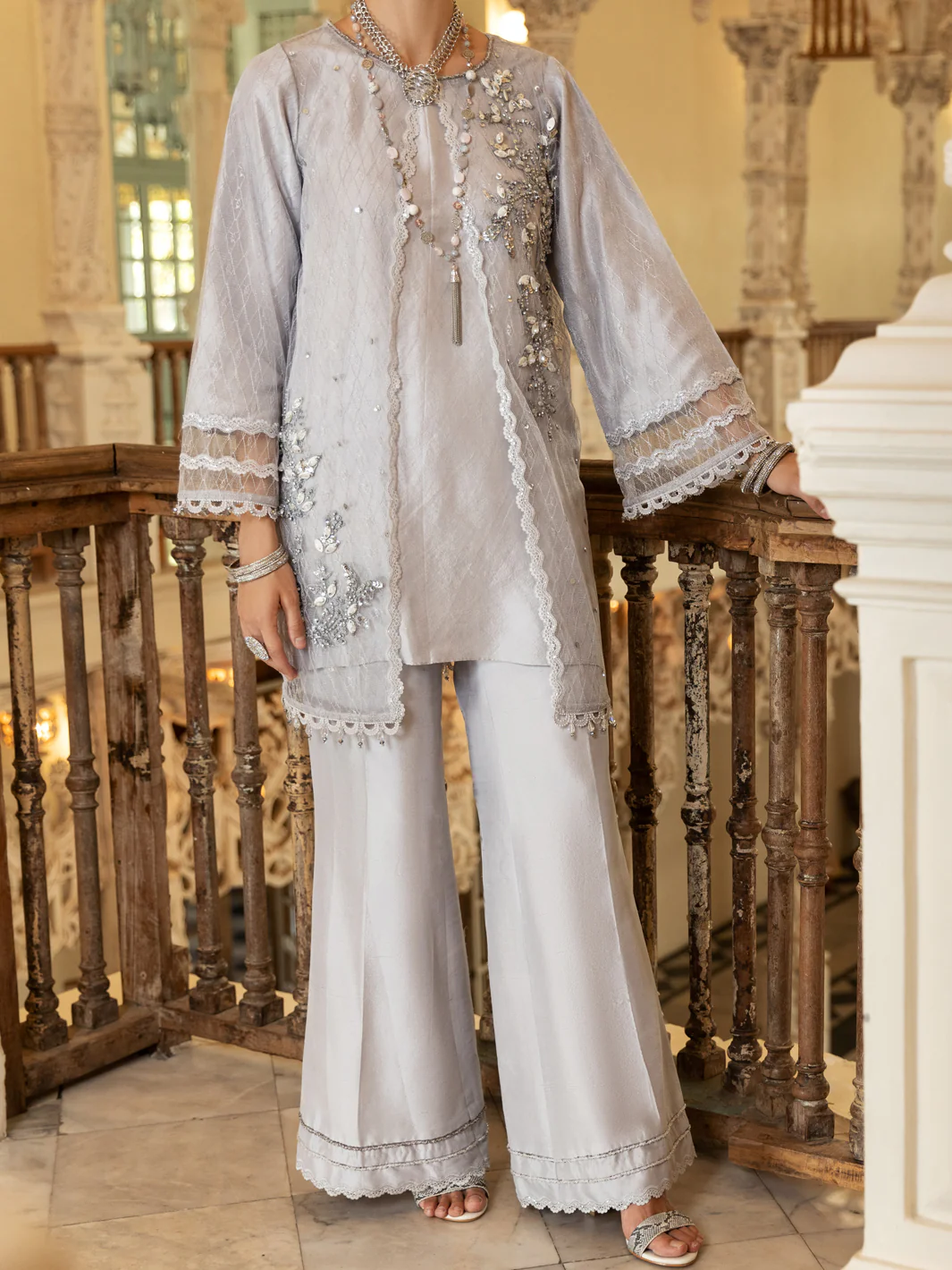 Light Grey Net 2 Piece Formal Stitched - AL-2PS-LS-353