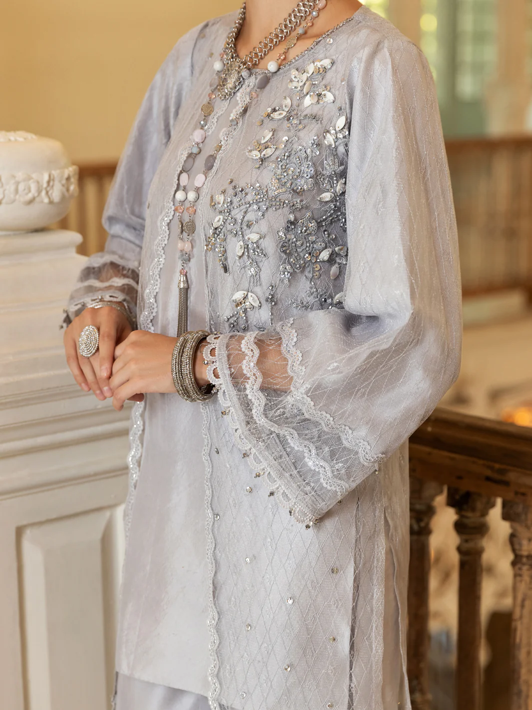 Light Grey Net 2 Piece Formal Stitched - AL-2PS-LS-353 - Image 5