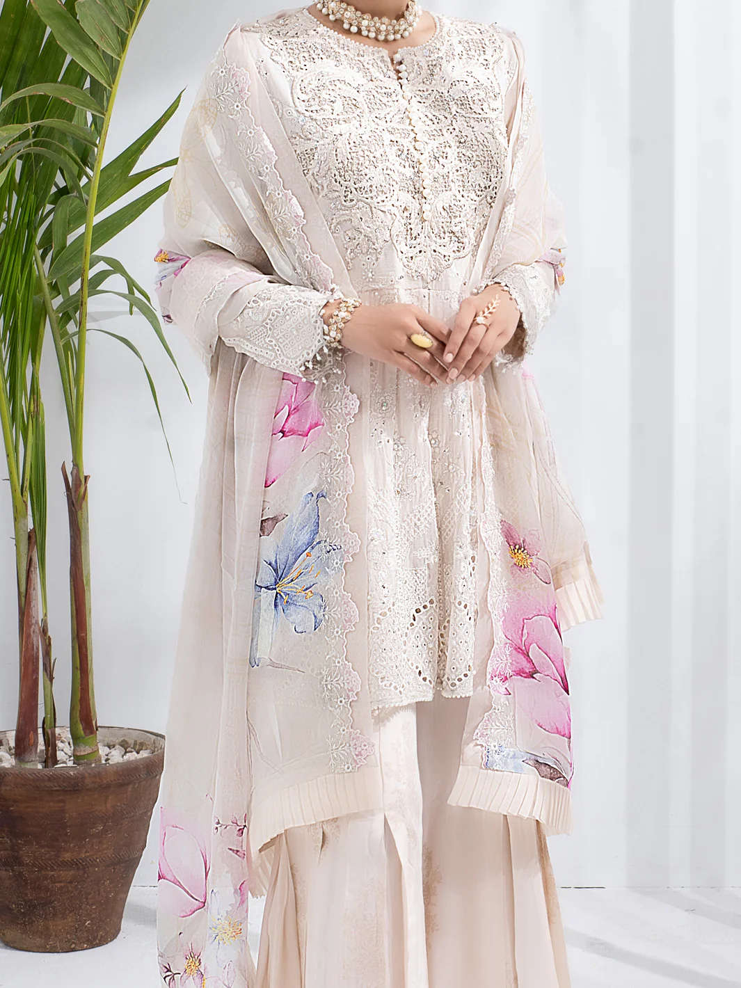 Off White Bemberg Chiffon 3 Piece Formal Stitched - AL-3PS-LS-308 - Image 2