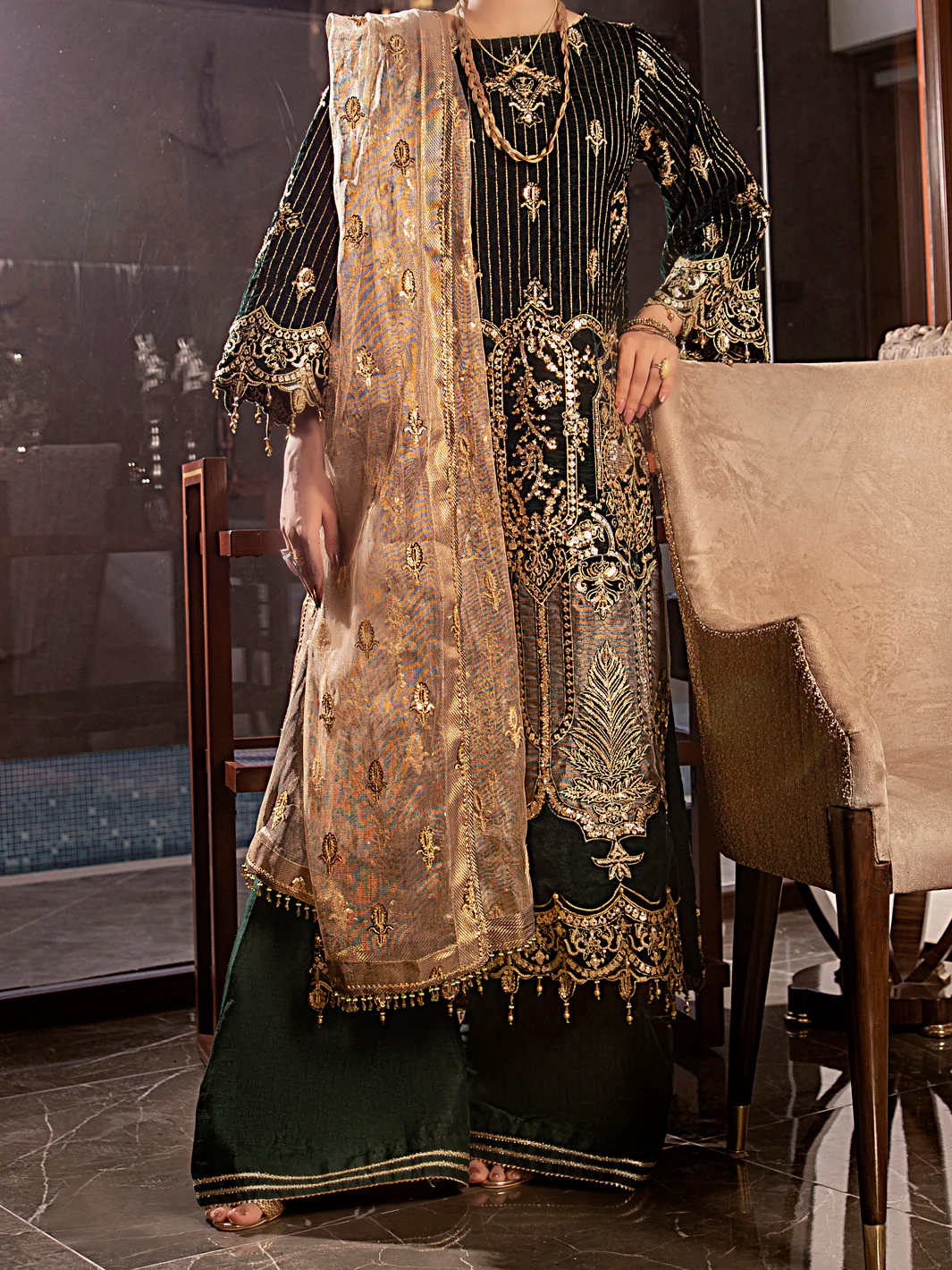 Green Velvet 3 Piece Formal Stitched - AL-3PS-LS-344 - Image 8