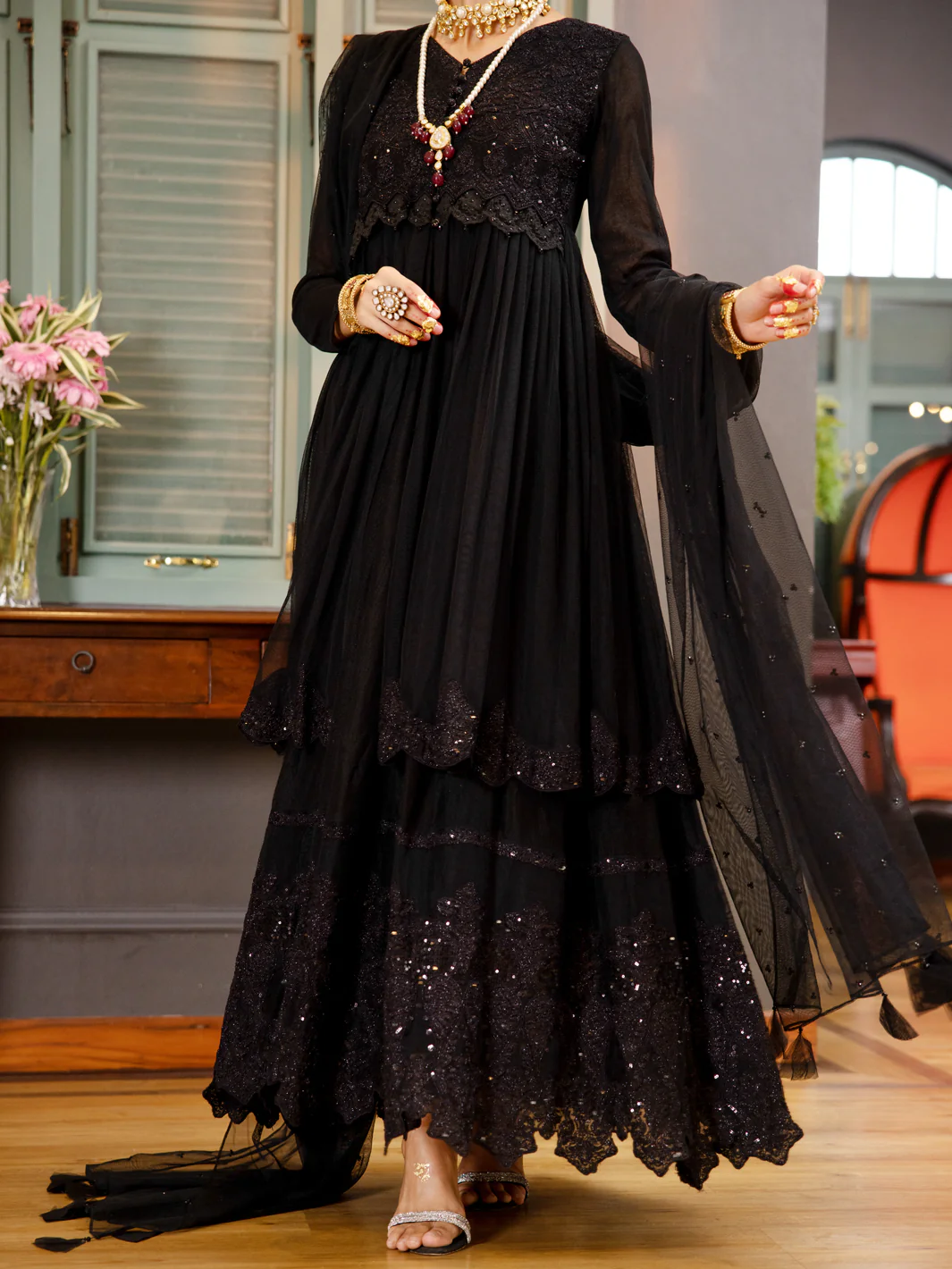 Black Poly-Net 3 Piece Formal Stitched - AL-3PS-LS-375