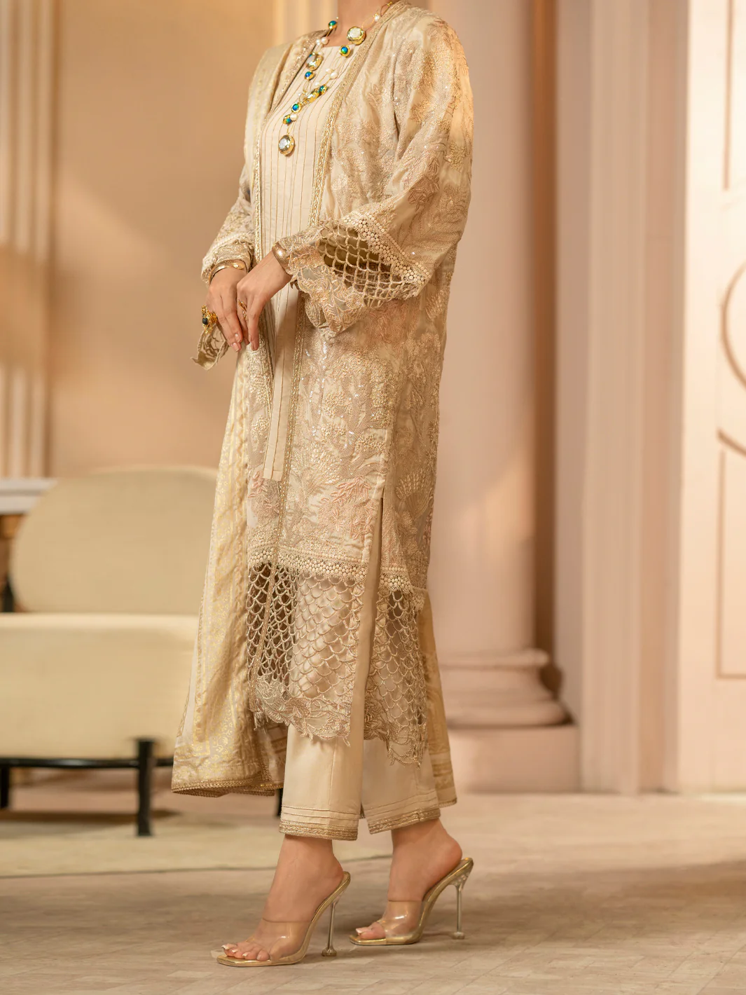Light Brown Chiffon 3 Piece Formal Stitched - AL-3PS-LS-423 - Image 3