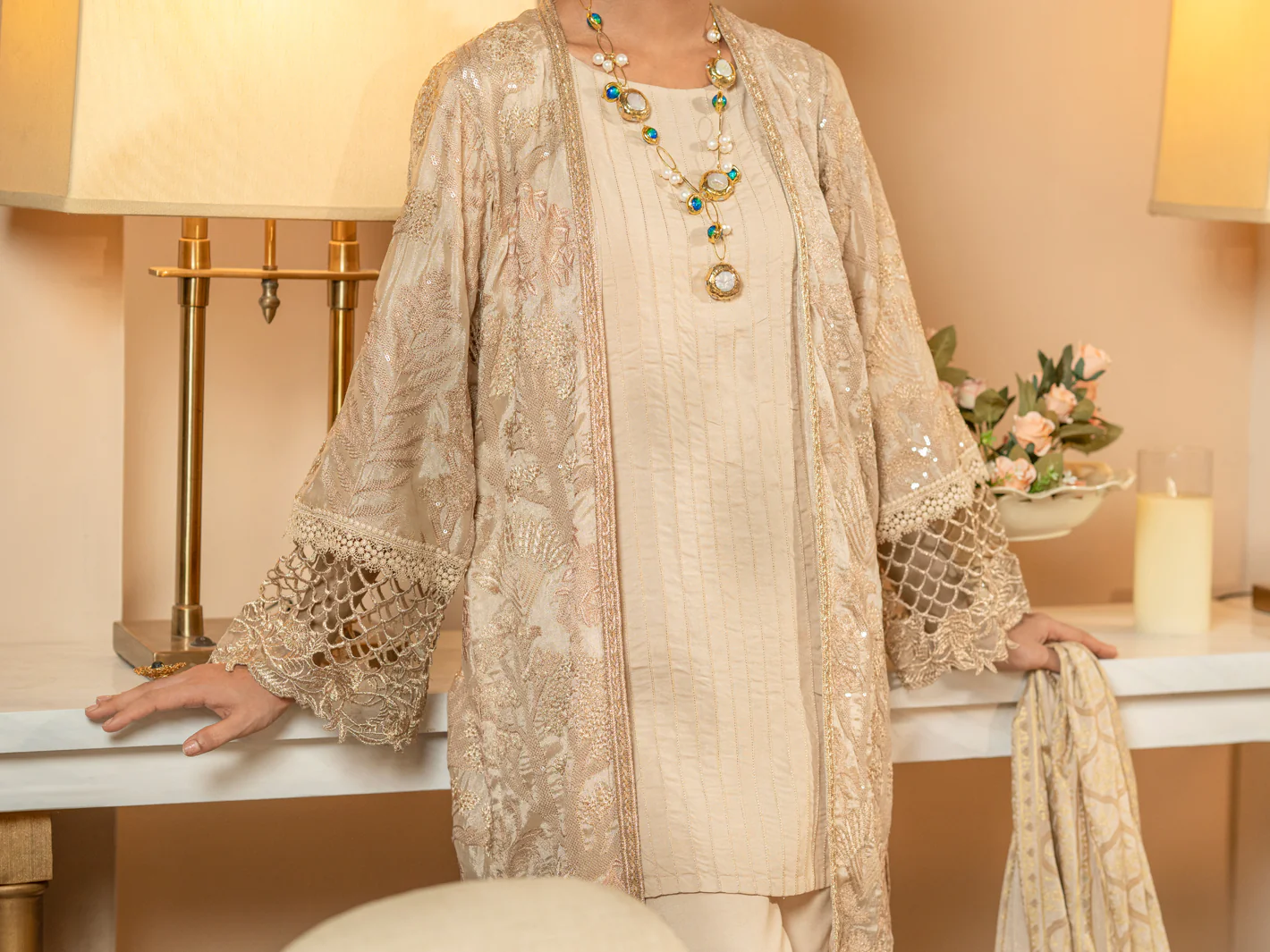 Light Brown Chiffon 3 Piece Formal Stitched - AL-3PS-LS-423 - Image 4