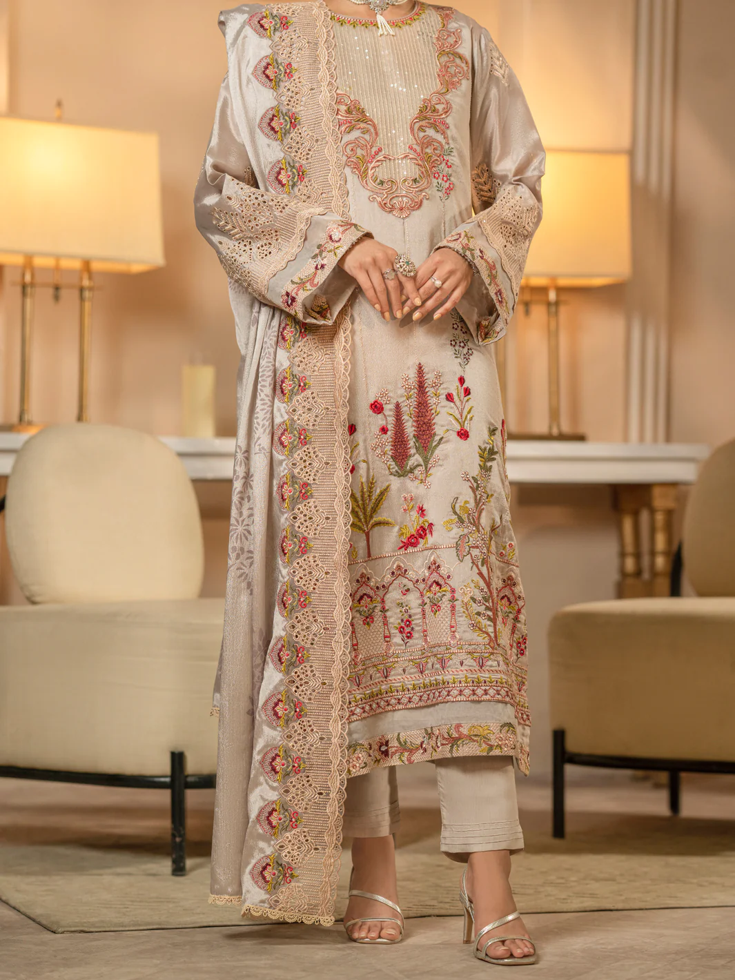 Coffee Chiffon 3 Piece Formal Stitched - AL-3PS-LS-426