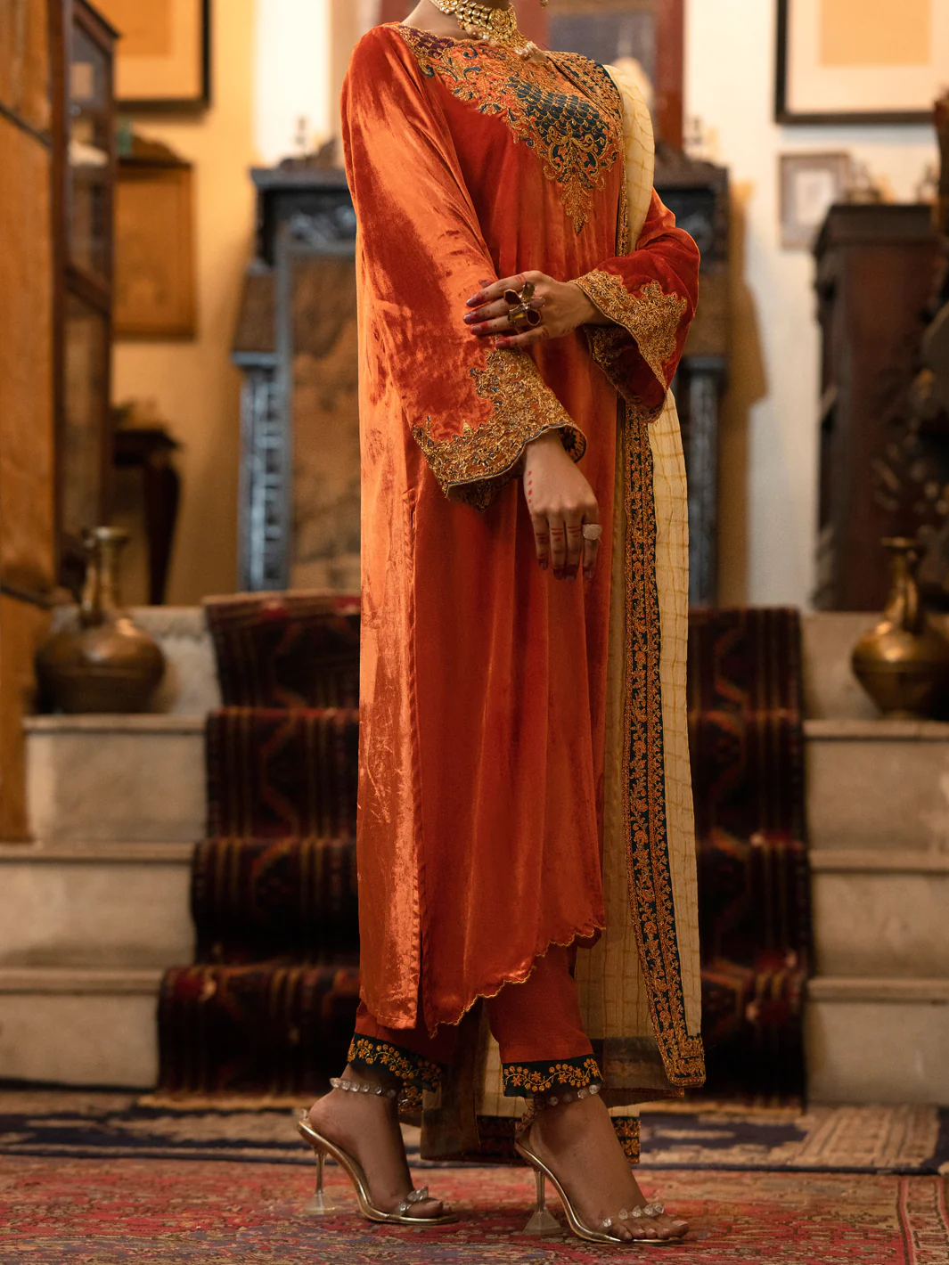 Orange Velvet 3 Piece Formal Stitched - AL-3PS-LS-442 - Image 2