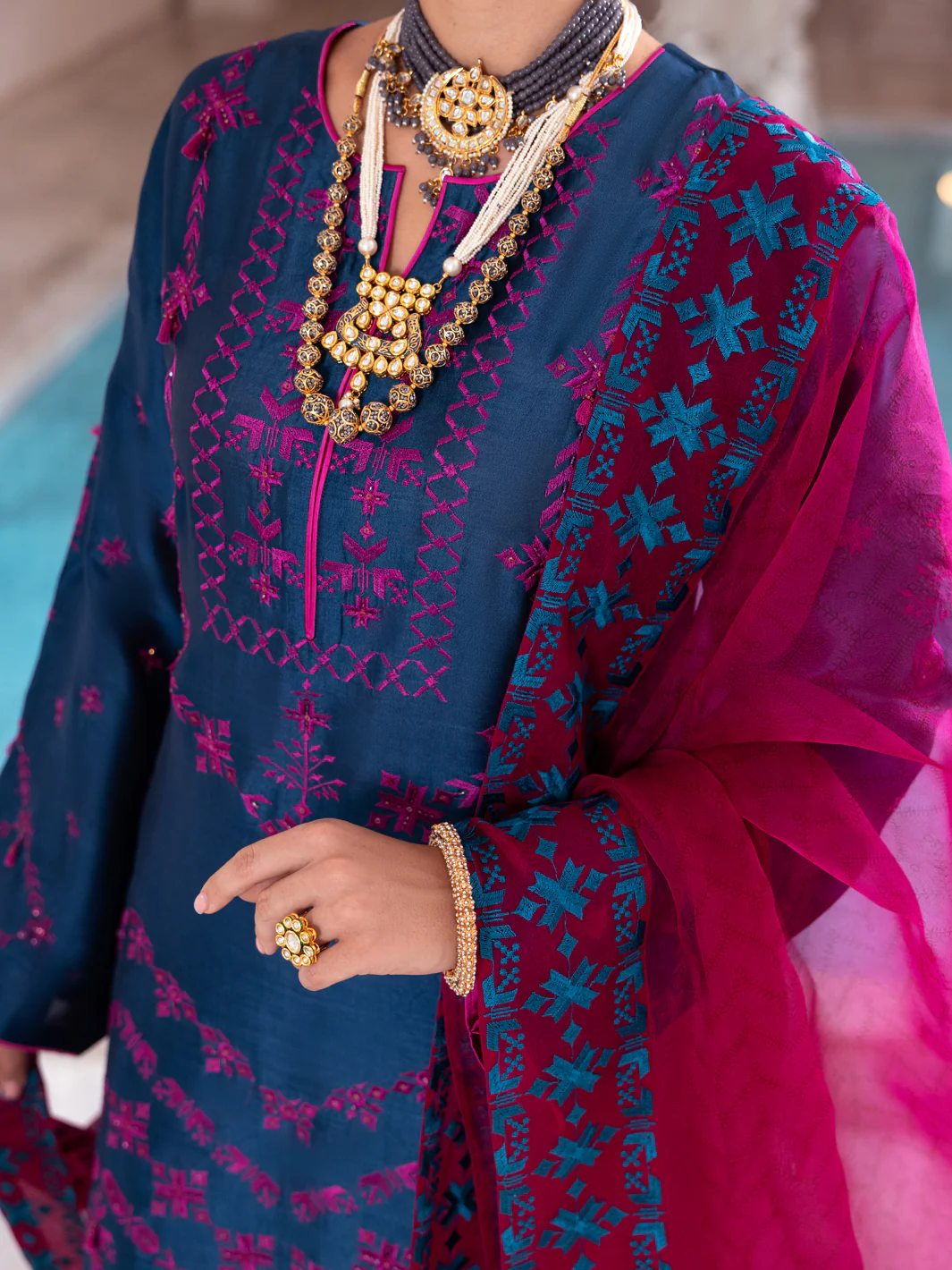 Teal Sheesha Silk Formal 3 Piece Stitched - AL-3PS-LS-463 - Image 3