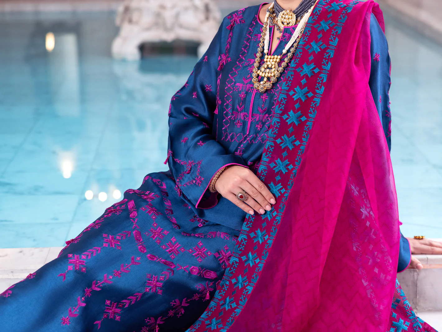 Teal Sheesha Silk Formal 3 Piece Stitched - AL-3PS-LS-463 - Image 4