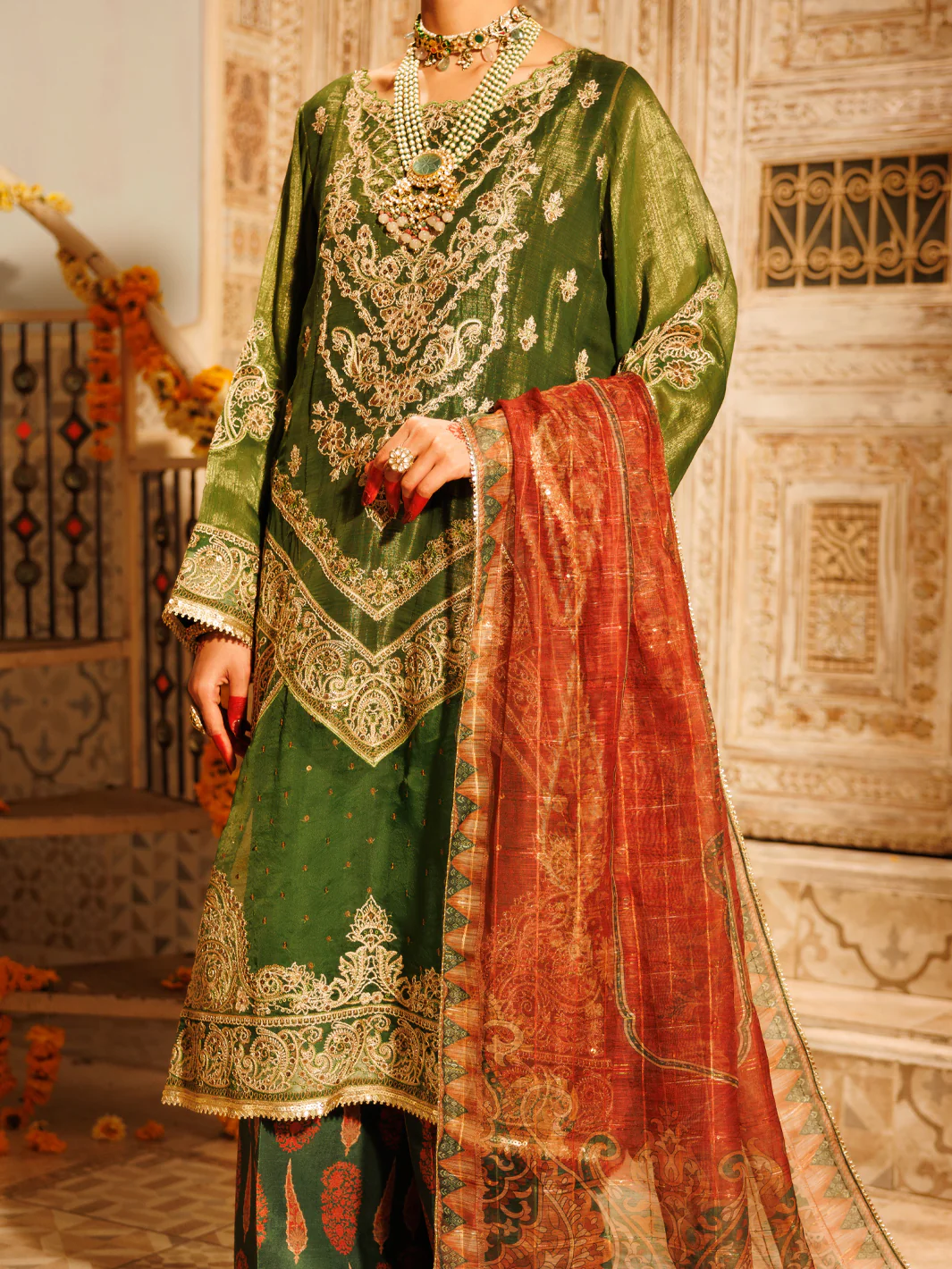 Mehendi Green Mesuri Net Formal 3Pc Stitched - AL-3PS-LS-550 - Image 2