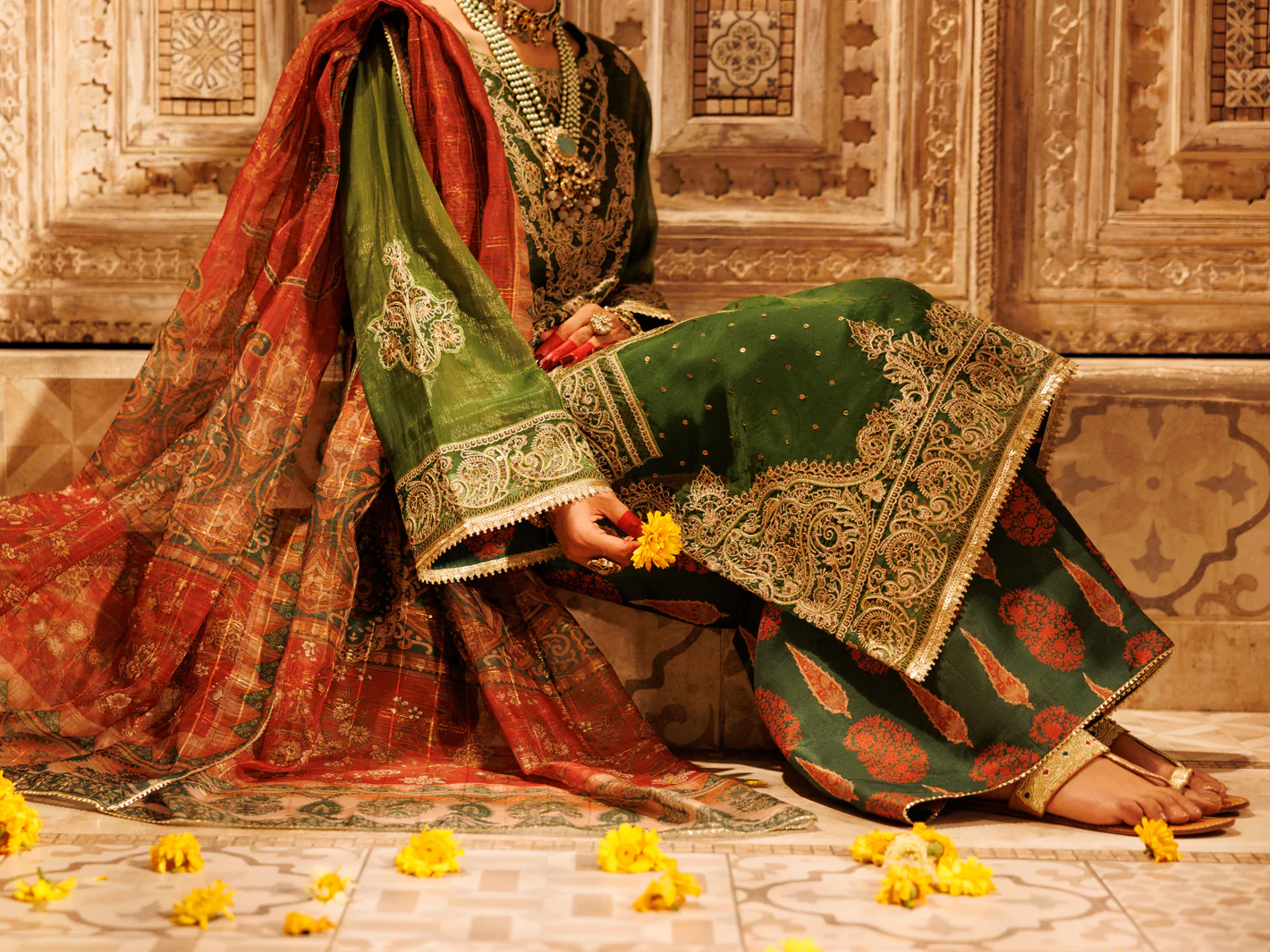 Mehendi Green Mesuri Net Formal 3Pc Stitched - AL-3PS-LS-550 - Image 5