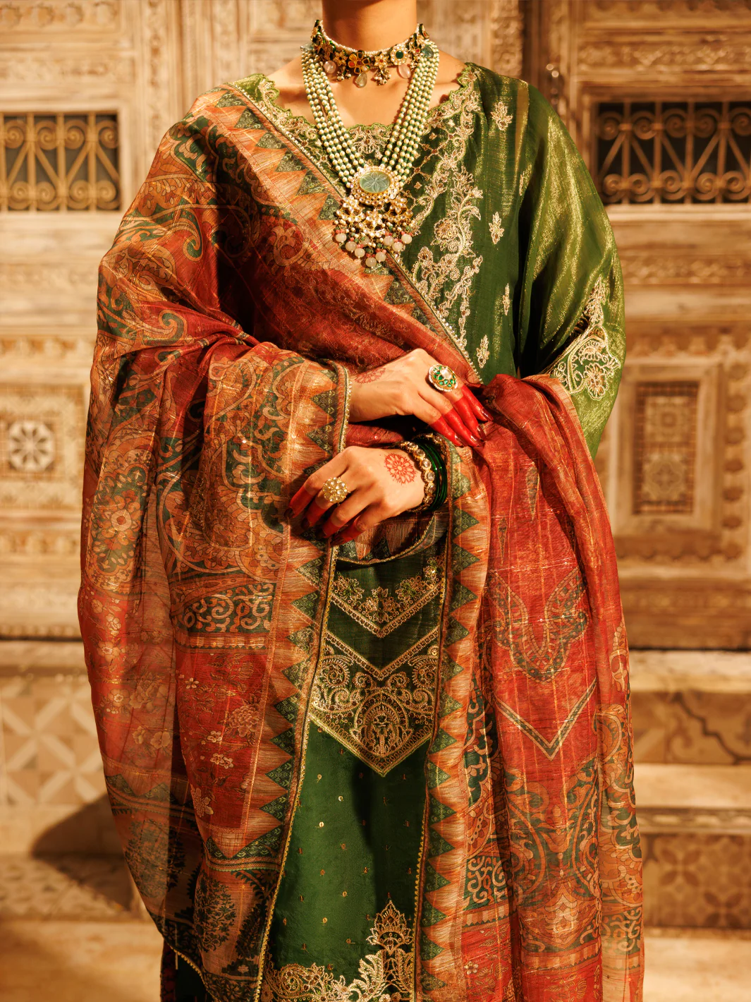 Mehendi Green Mesuri Net Formal 3Pc Stitched - AL-3PS-LS-550 - Image 6