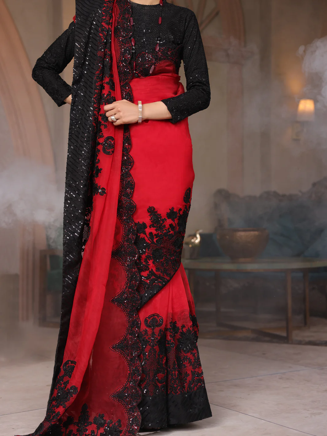 Red-Black Organza Saree Unstitched - AL-3PS-LS-SR-UN-427 - Image 3