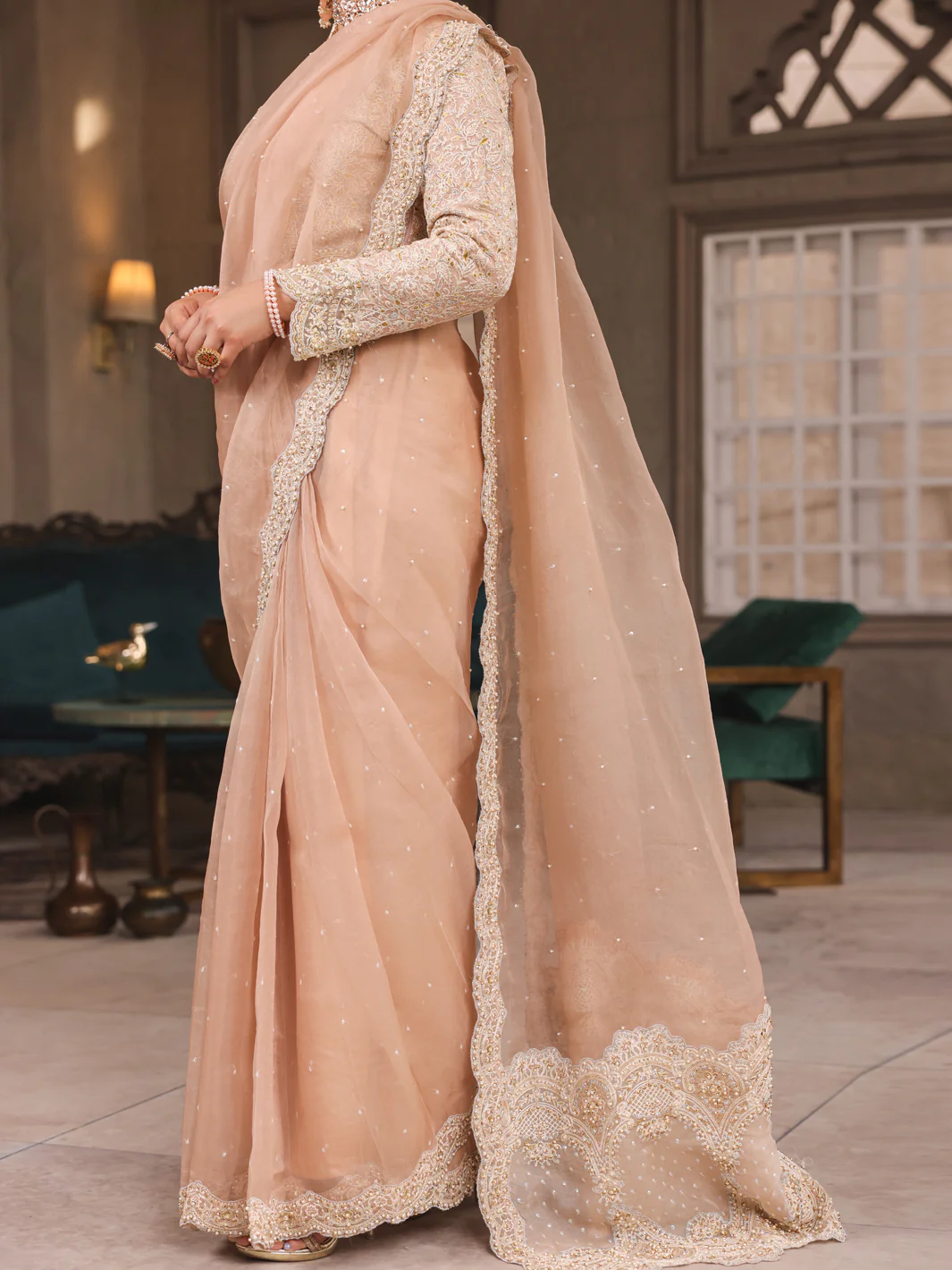Beige Organza Saree Unstitched - AL-3PS-LS-SR-UN-428 - Image 3