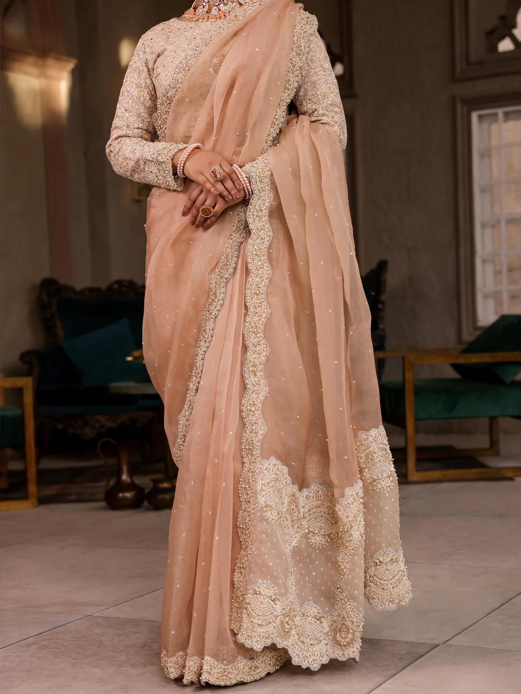 Beige Organza Saree Unstitched - AL-3PS-LS-SR-UN-428 - Image 4