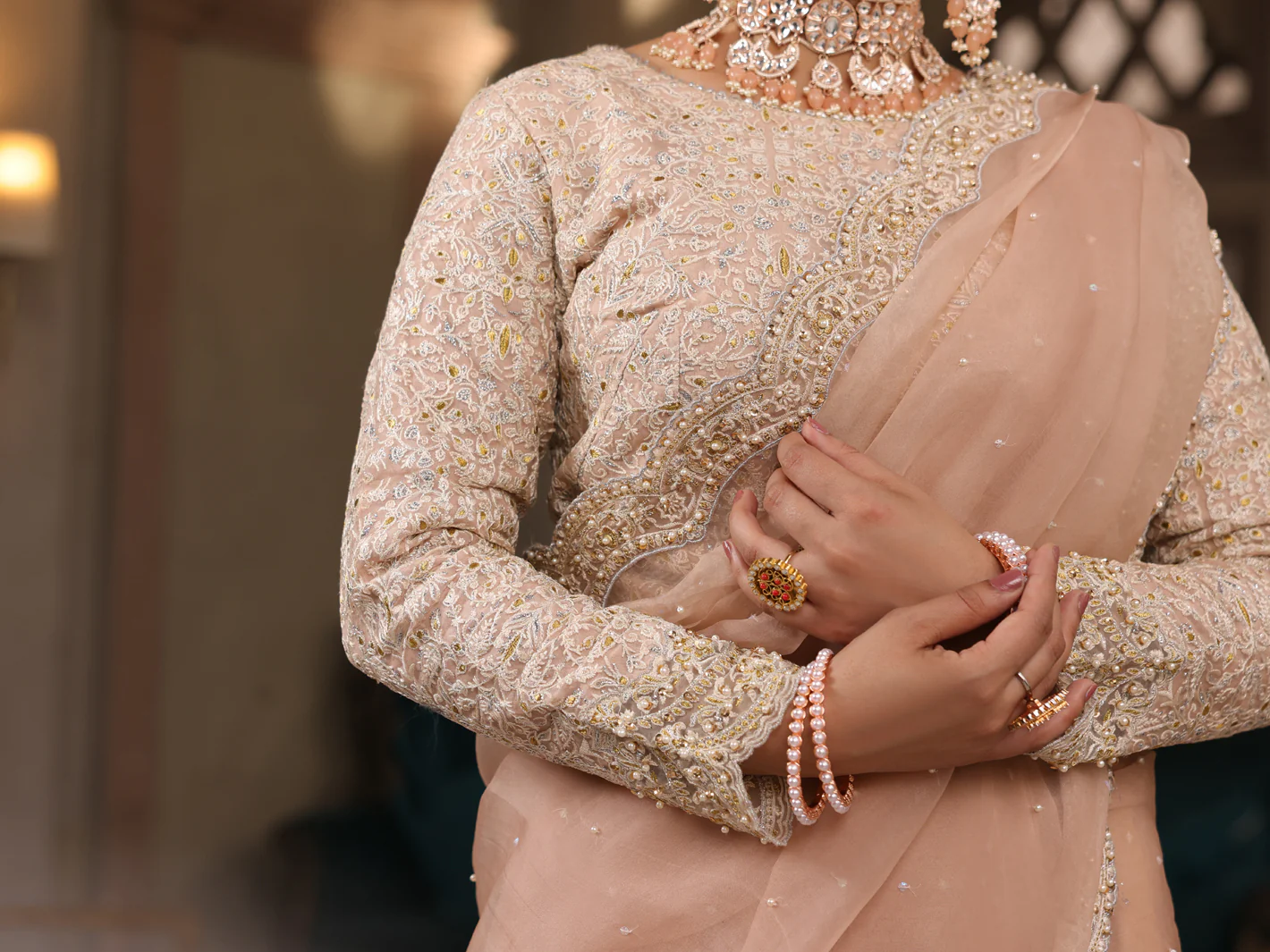 Beige Organza Saree Unstitched - AL-3PS-LS-SR-UN-428 - Image 5