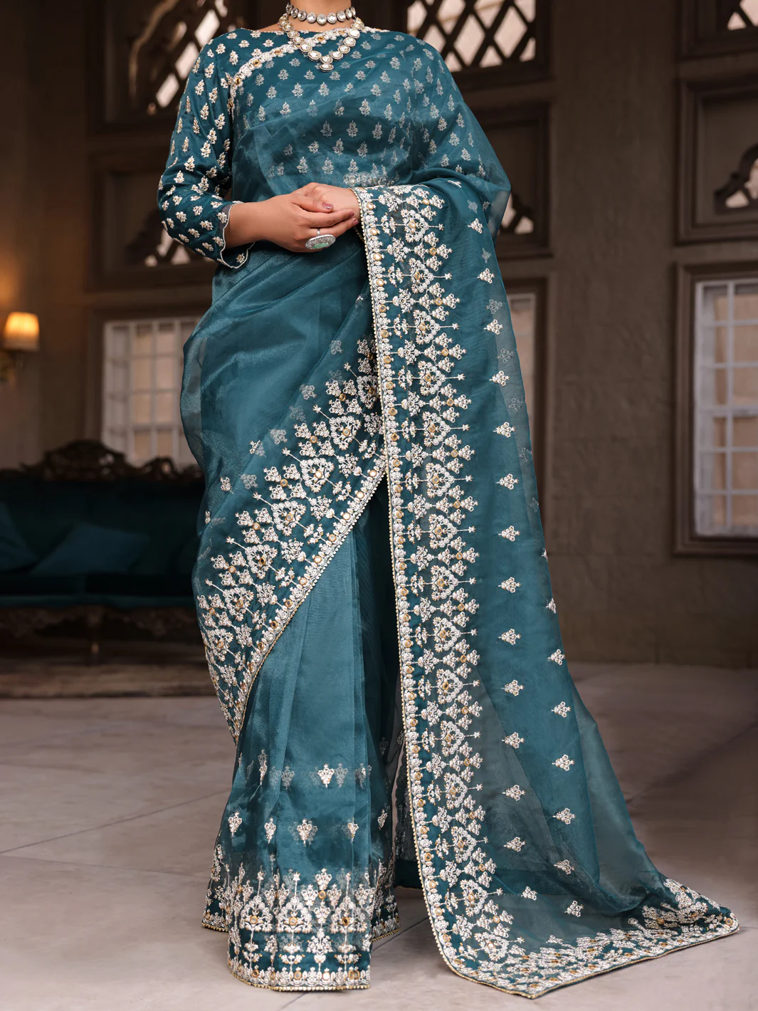 Teal Shimmer Poly Net Saree Unstitched- AL-3PS-LS-SR-UN-430