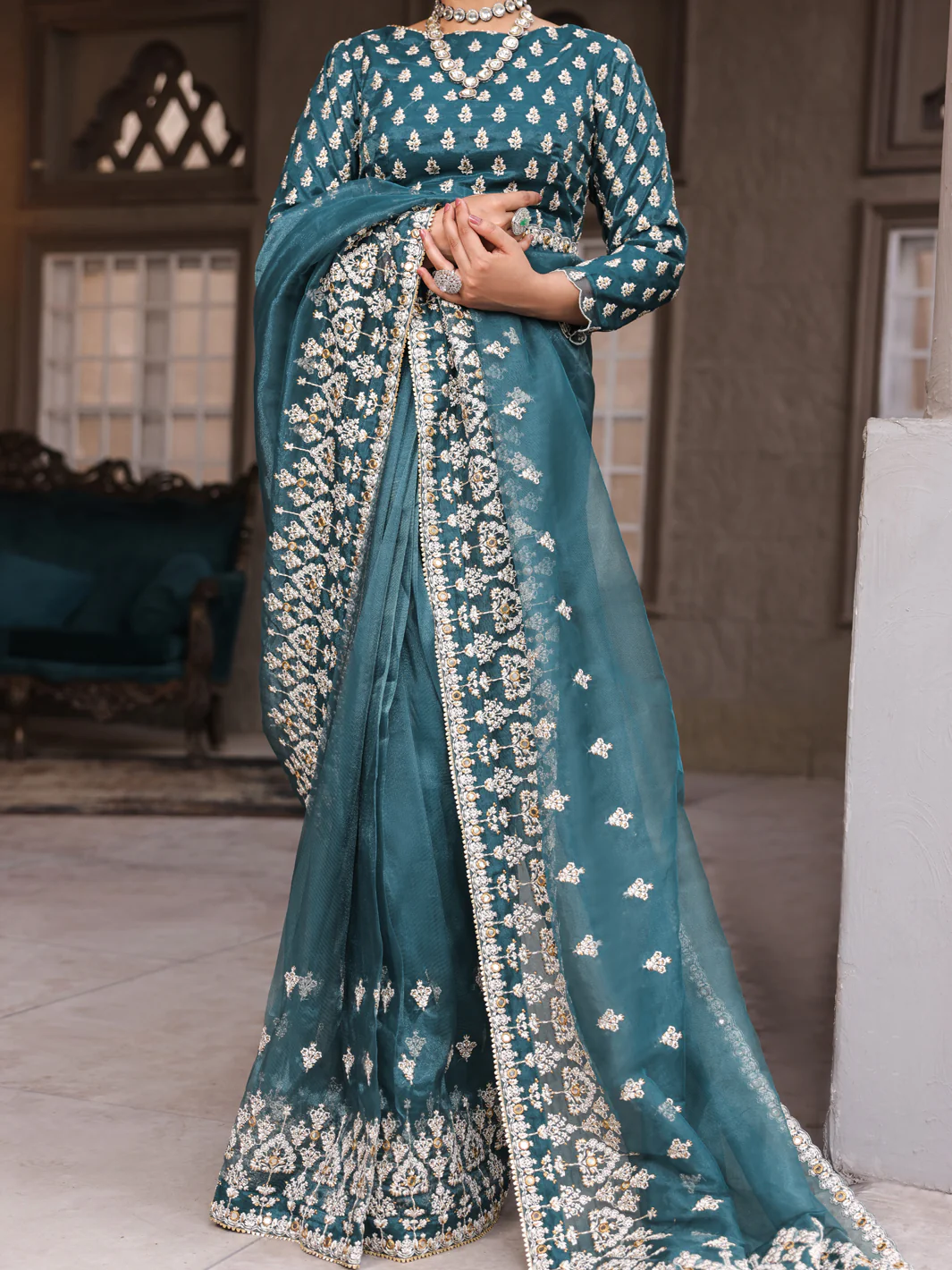 Teal Shimmer Poly Net Saree Unstitched- AL-3PS-LS-SR-UN-430 - Image 2