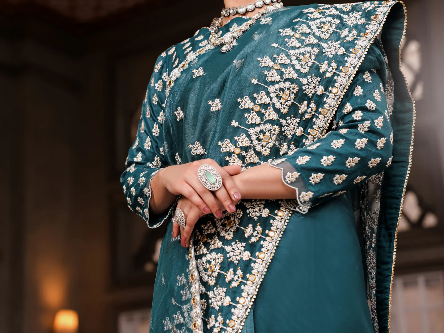 Teal Shimmer Poly Net Saree Unstitched- AL-3PS-LS-SR-UN-430 - Image 3