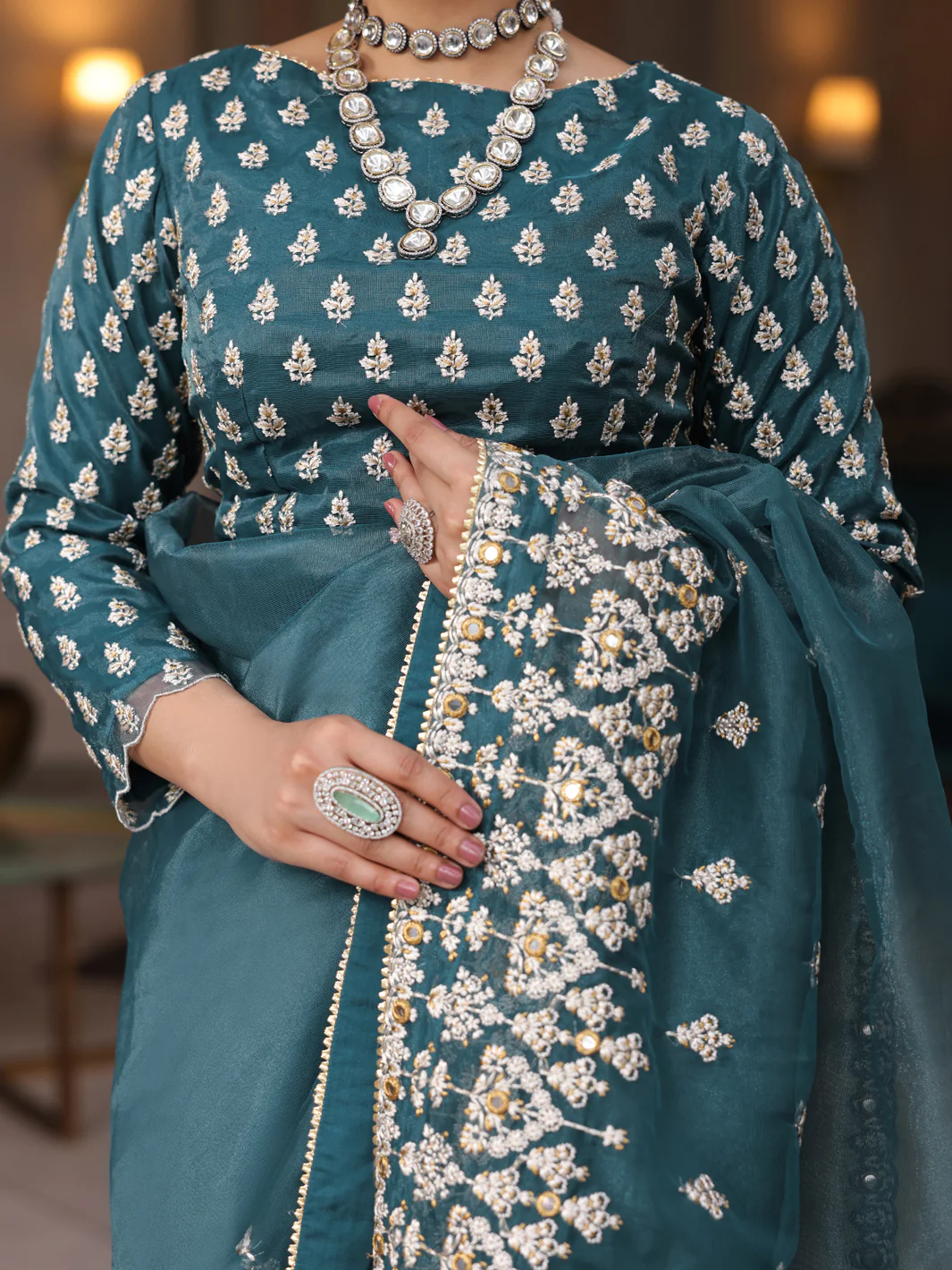 Teal Shimmer Poly Net Saree Unstitched- AL-3PS-LS-SR-UN-430 - Image 4