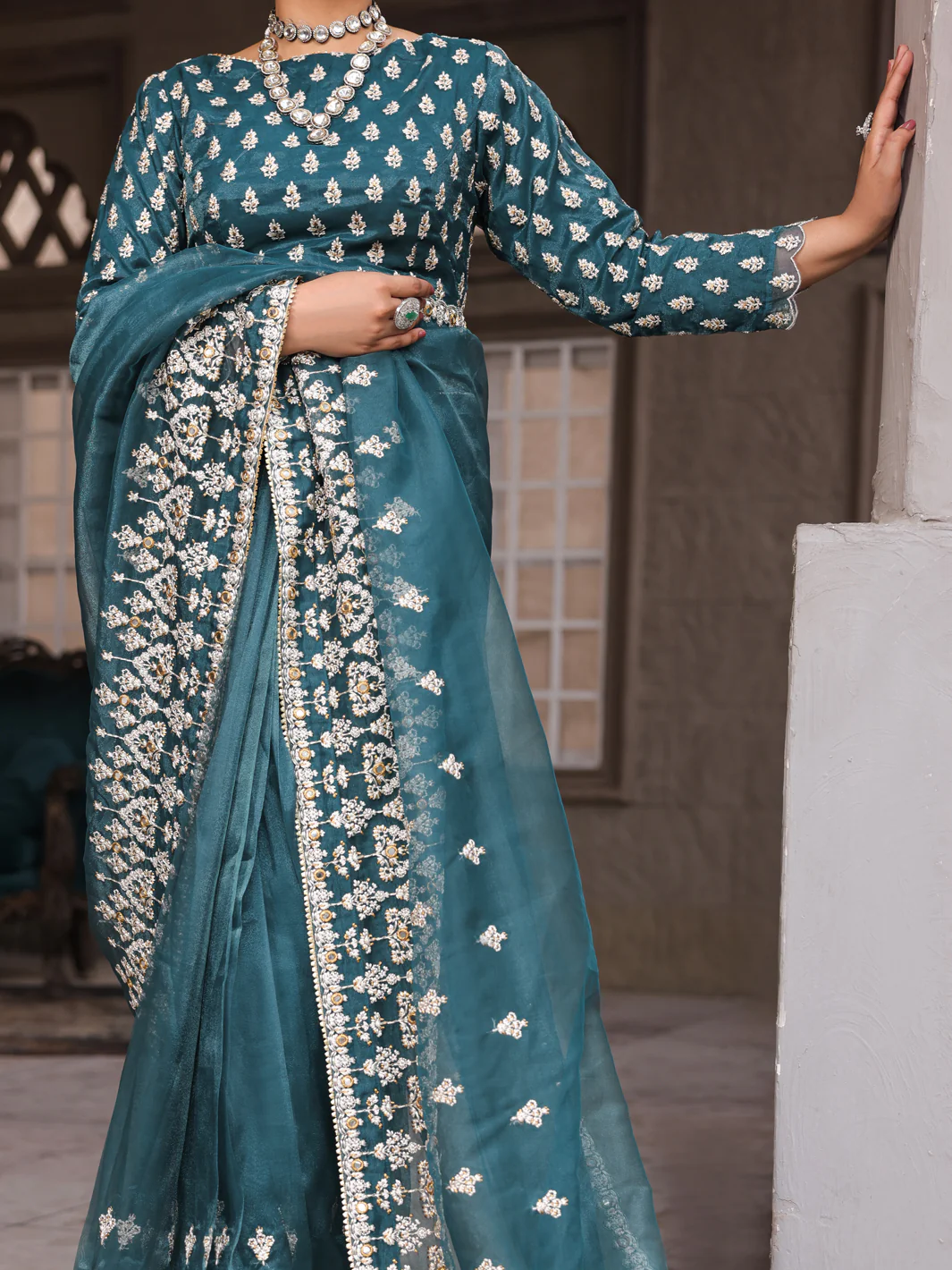 Teal Shimmer Poly Net Saree Unstitched- AL-3PS-LS-SR-UN-430 - Image 5