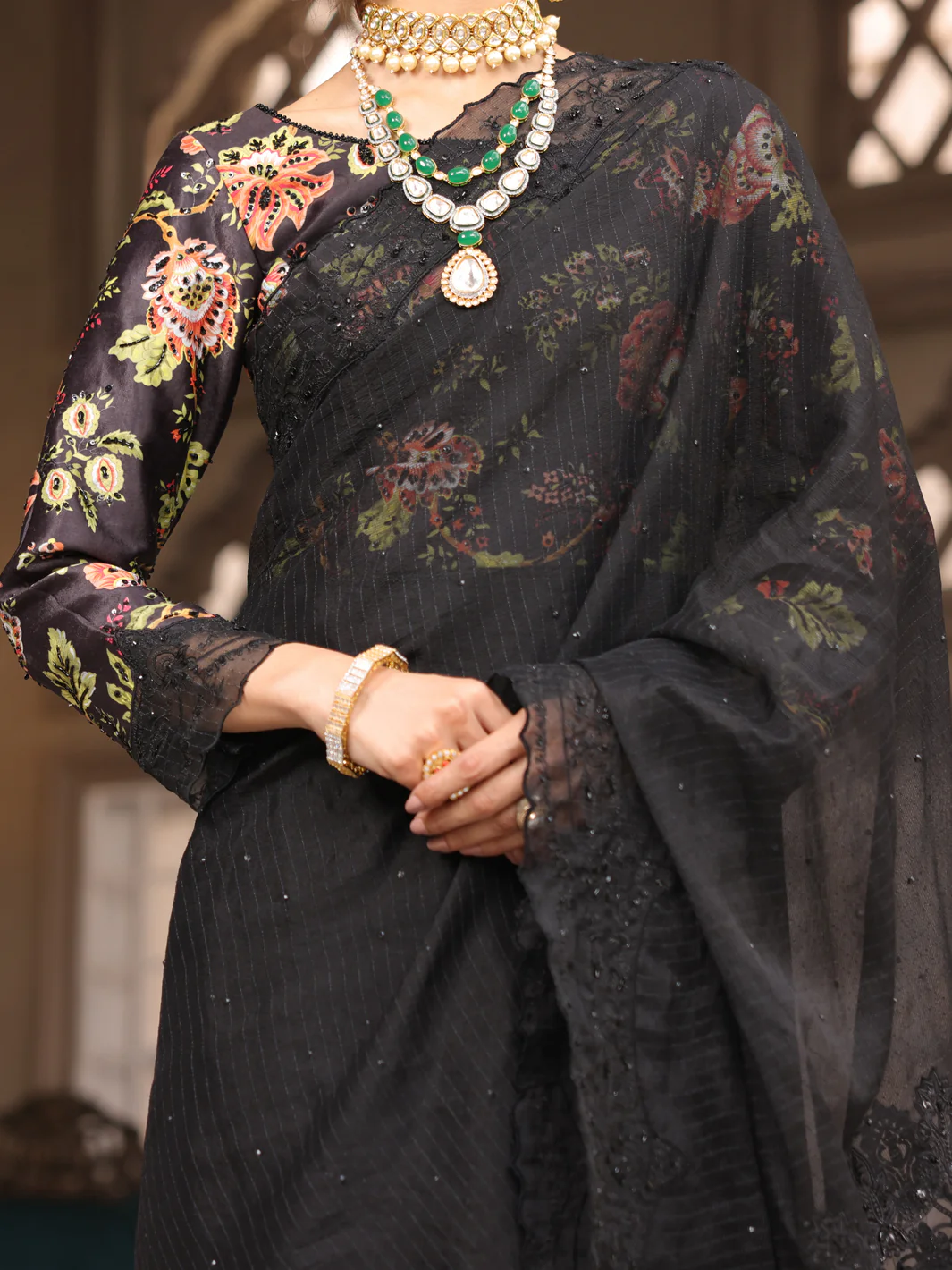 Black Khaddi Net Saree Unstitched - AL-3PS-LS-SR-UN-431 - Image 3