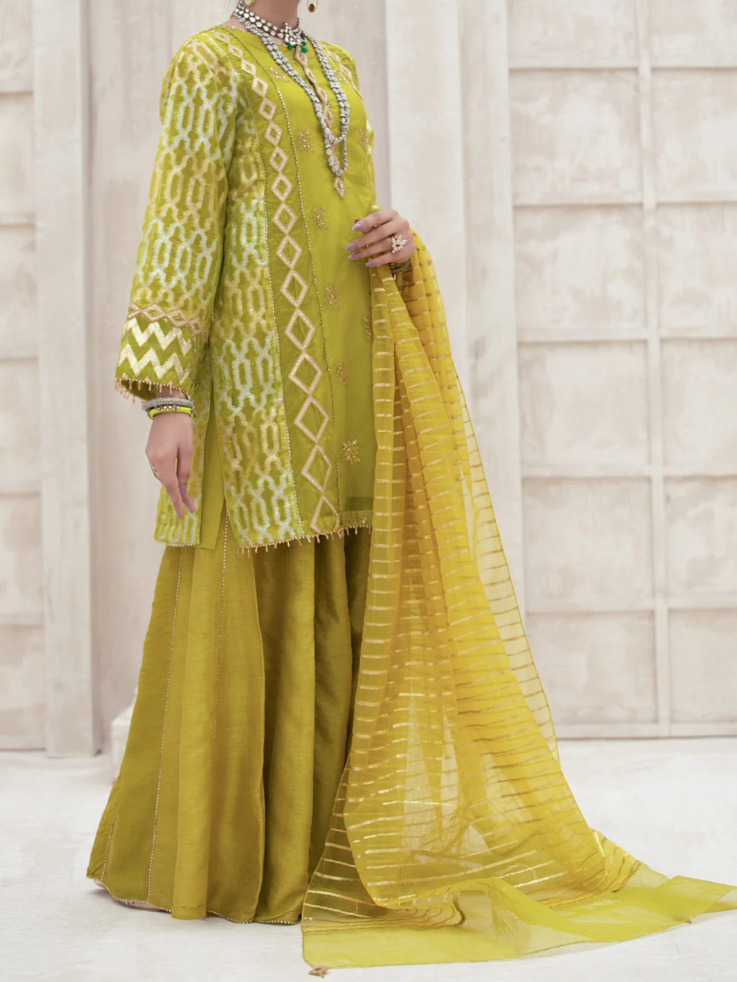 Lime Green Bemberg Organza 3 Piece Formal Unstitched - AL-3PS-LS-UN-319