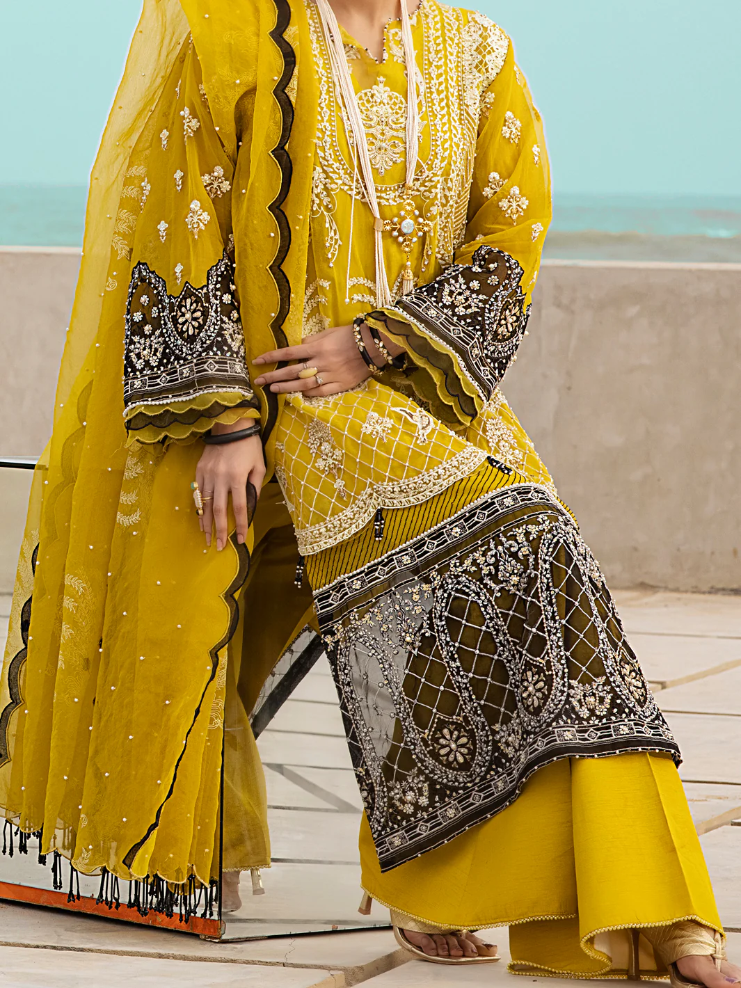 Yellow Organza 3 Piece Formal Unstitched - AL-3PS-LS-UN-328 - Image 6
