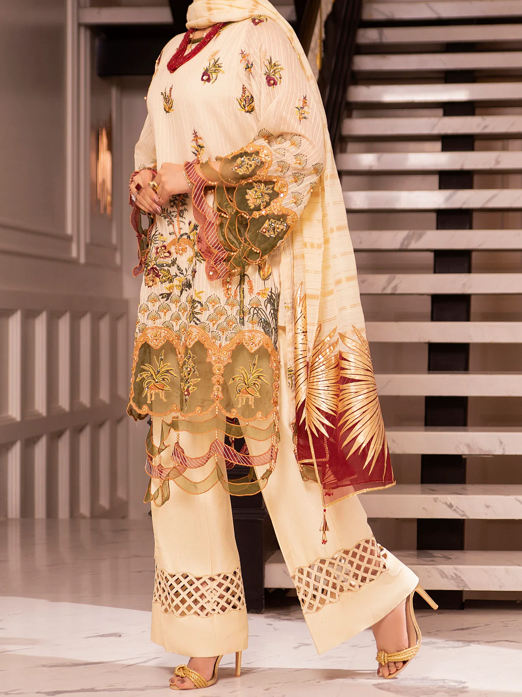 Beige Khaddi Net 3 Piece Formal Unstitched - AL-3PS-LS-UN-346