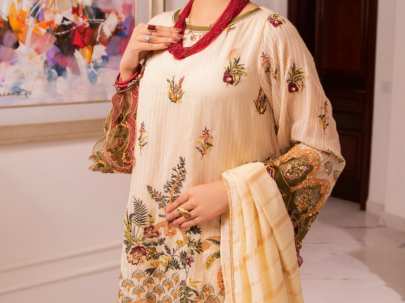 Beige Khaddi Net 3 Piece Formal Unstitched - AL-3PS-LS-UN-346 - Image 2