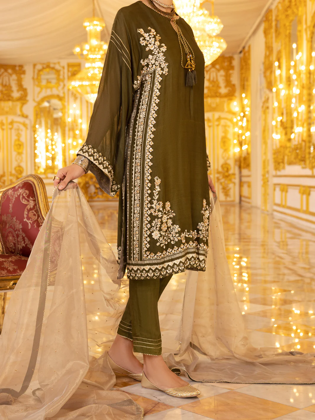 Green Khaddi Net 3 Piece Formal Unstitched - AL-3PS-LS-UN-360 - Image 2