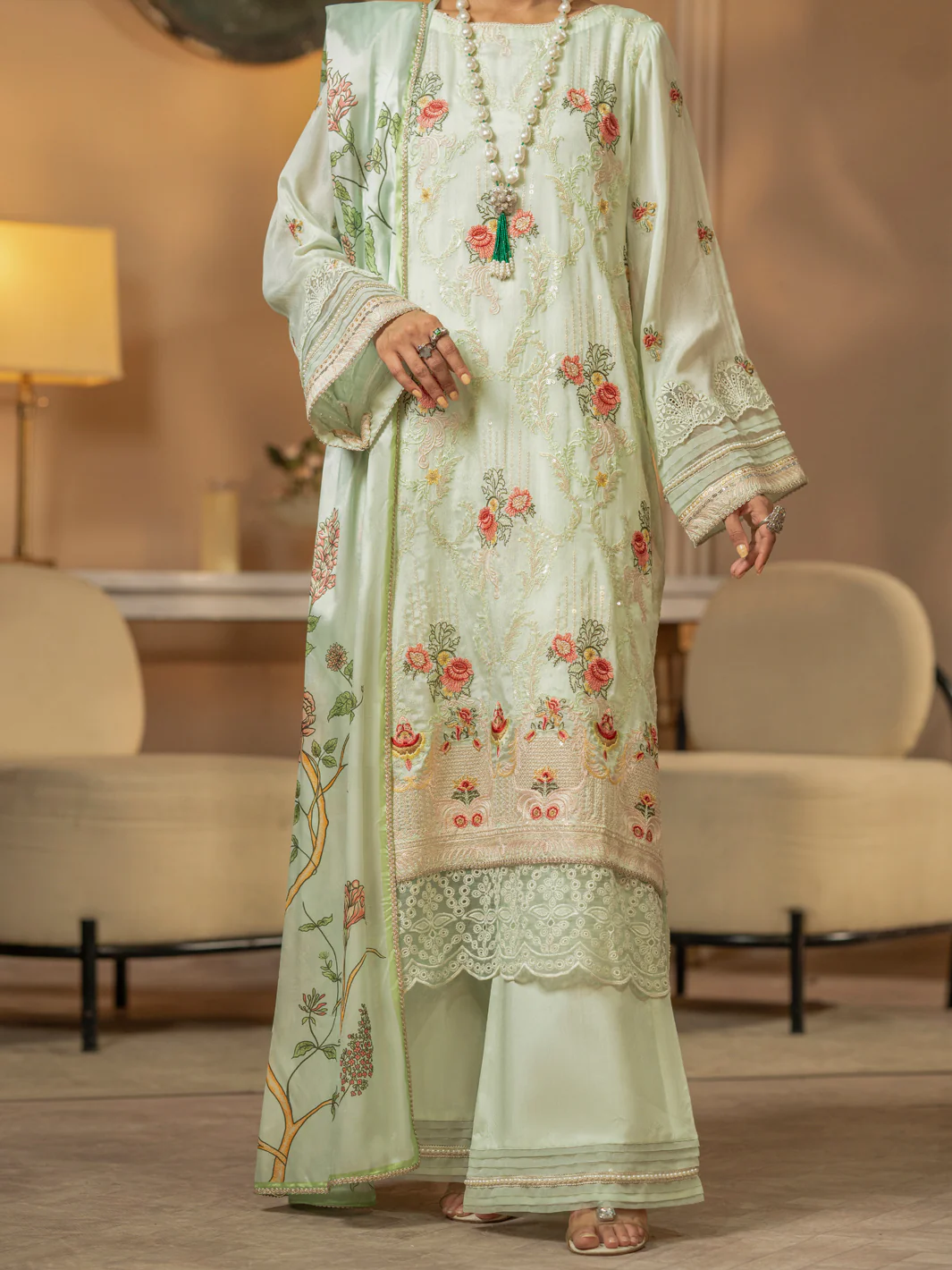 Pastel Green Chiffon 3 Piece Formal Unstitched - AL-3PS-LS-UN-422