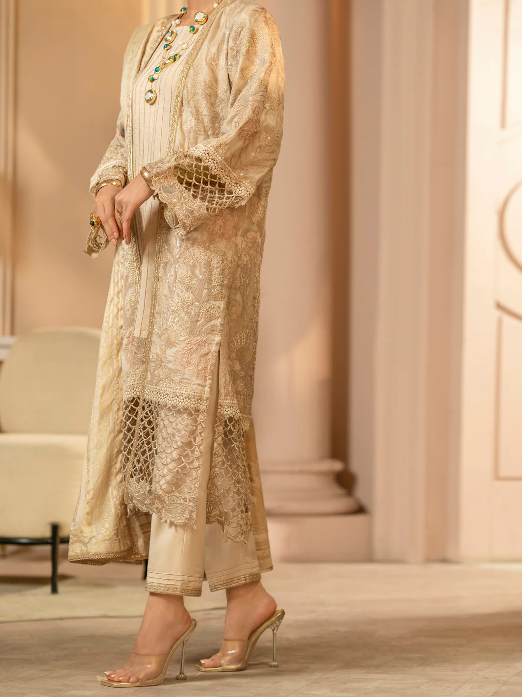 Light Brown Chiffon 3 Piece Formal Unstitched - AL-3PS-LS-UN-423 - Image 4
