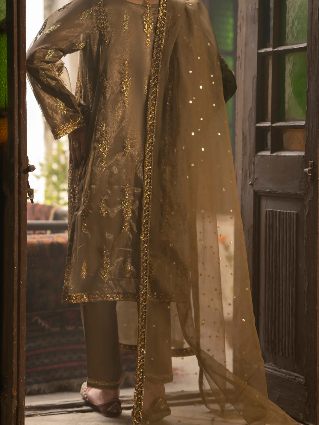 Brown Shimmer Net 3 Piece Formal Unstitched - AL-3PS-LS-UN-446 - Image 3