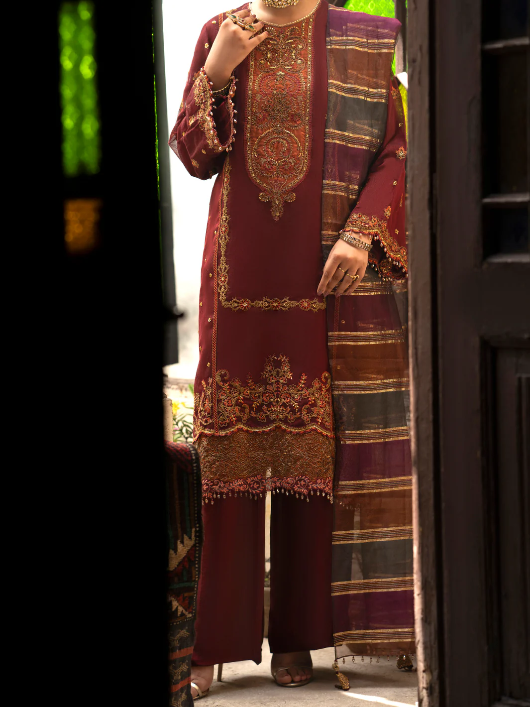 Maroon Khaddi Net 3 Piece Formal Unstitched - AL-3PS-LS-UN-449