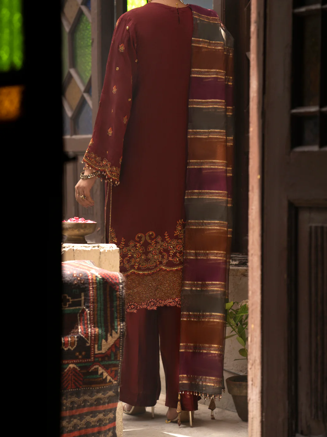Maroon Khaddi Net 3 Piece Formal Unstitched - AL-3PS-LS-UN-449 - Image 2