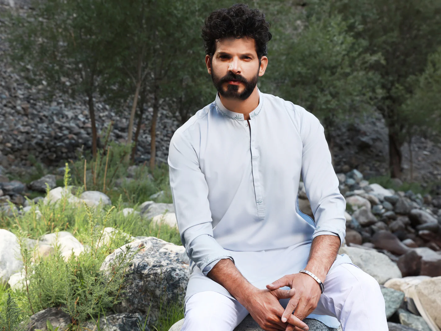 Light Blue Blended Kurta - AL-K-1017 - Image 3