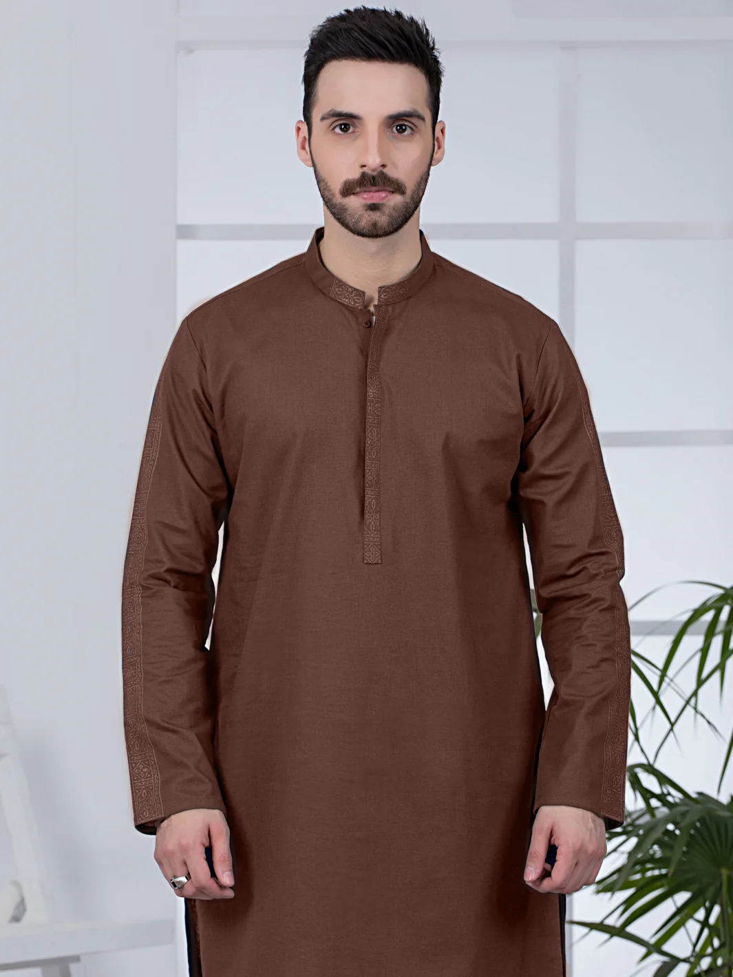Brown Cotton Kurta - AL-K-1021 - Image 4