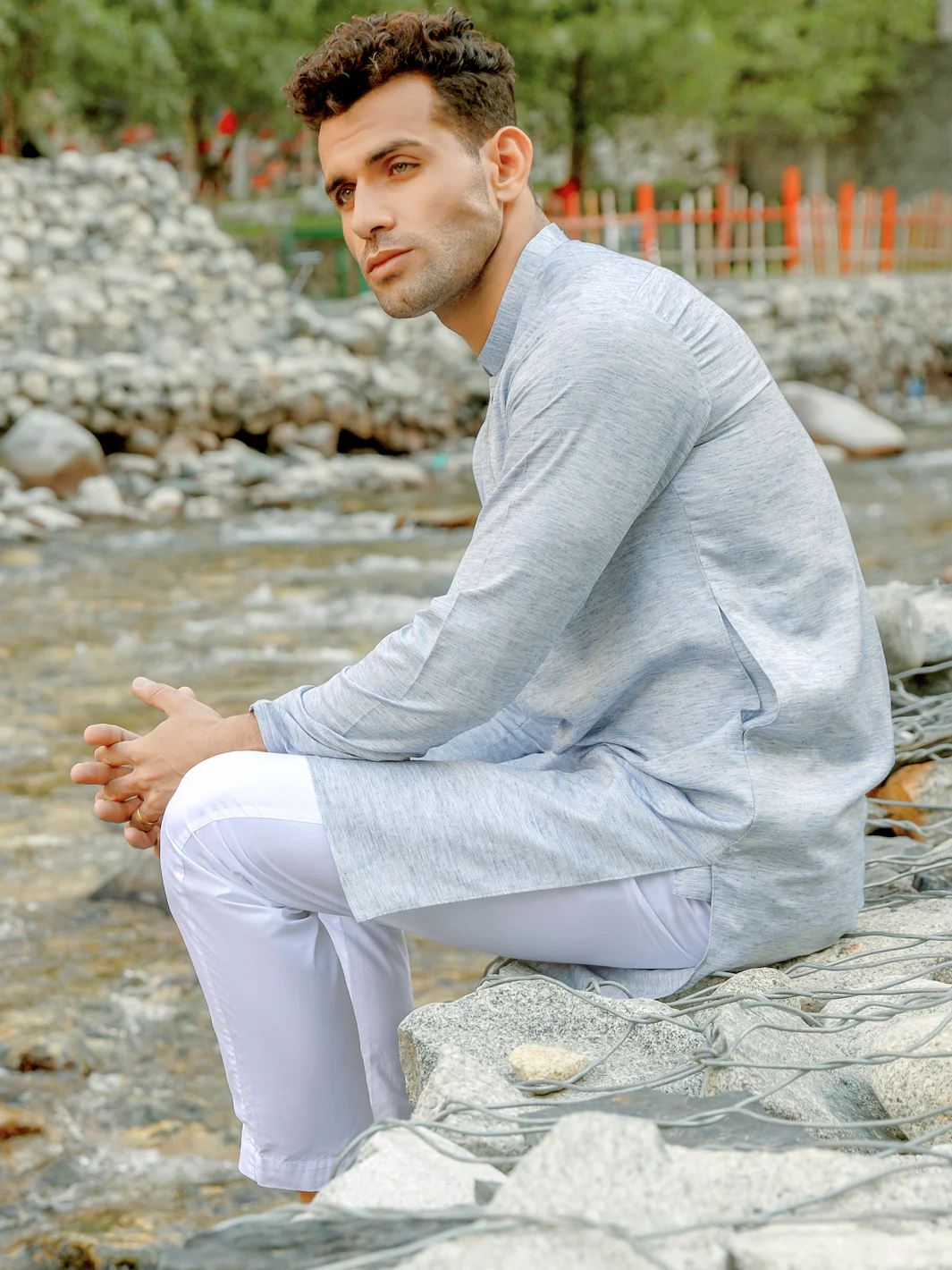 Light Blue Blended Kurta - AL-K-1031 - Image 4