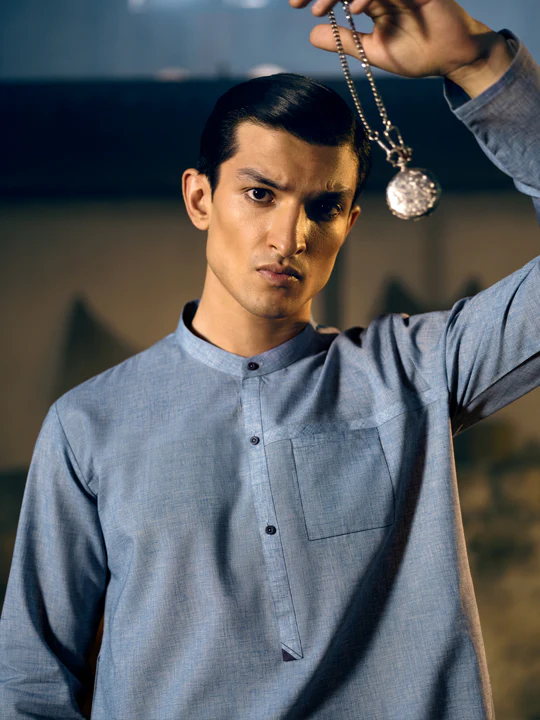 Blue Blended Kurta - AL-K-1040 - Image 4