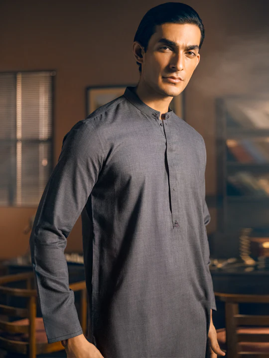 Dark Grey Blended Kurta - AL-K-1049 - Image 6