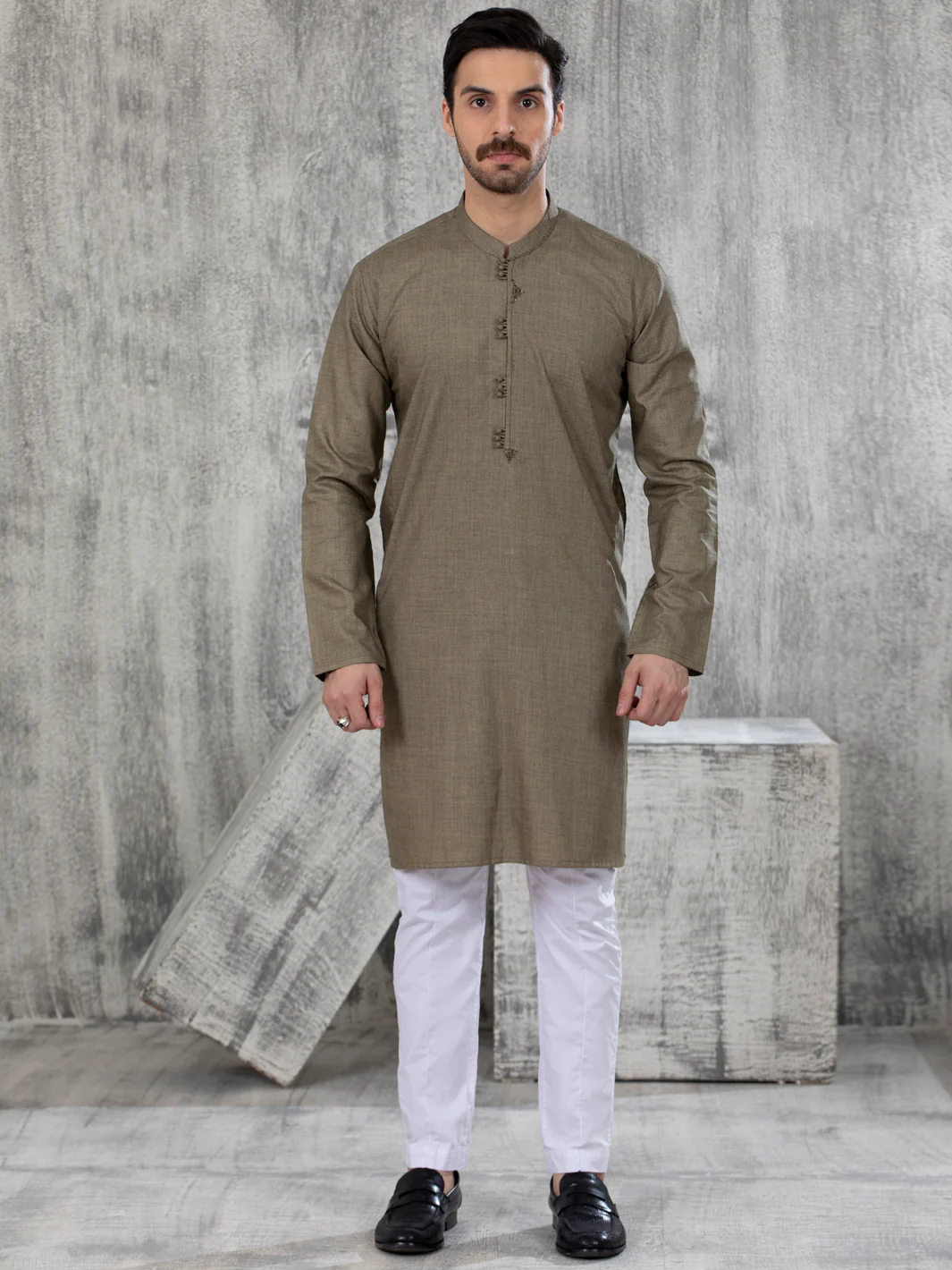 Mehndi Green Blended Kurta - AL-K-1050 - Image 2