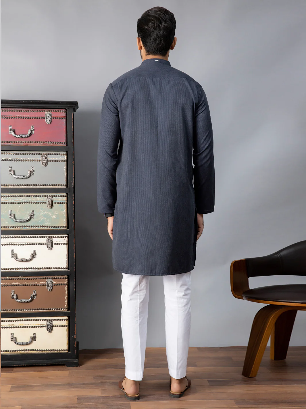 Navy Blue Blended Kurta - AL-K-1086B - Image 3