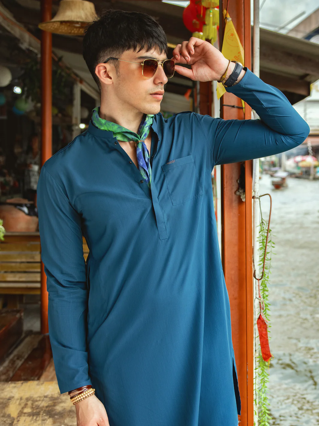 Teal Blue Blended Kurta - AL-K-1142 - Image 2