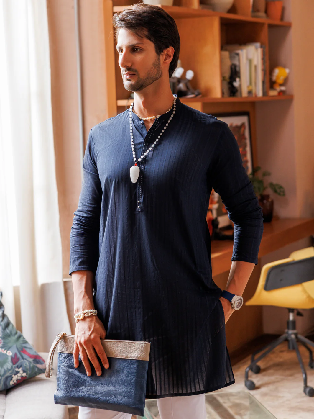 Midnight Blue Cotton Kurta - AL-K-1144B - Image 4