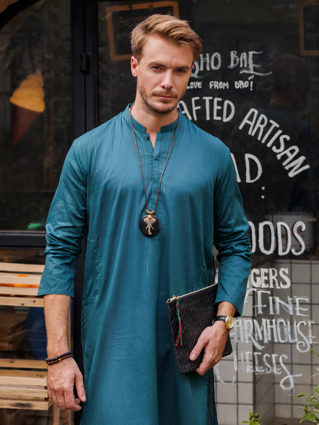 Teal Blue Cotton Kurta - AL-K-1146A - Image 4