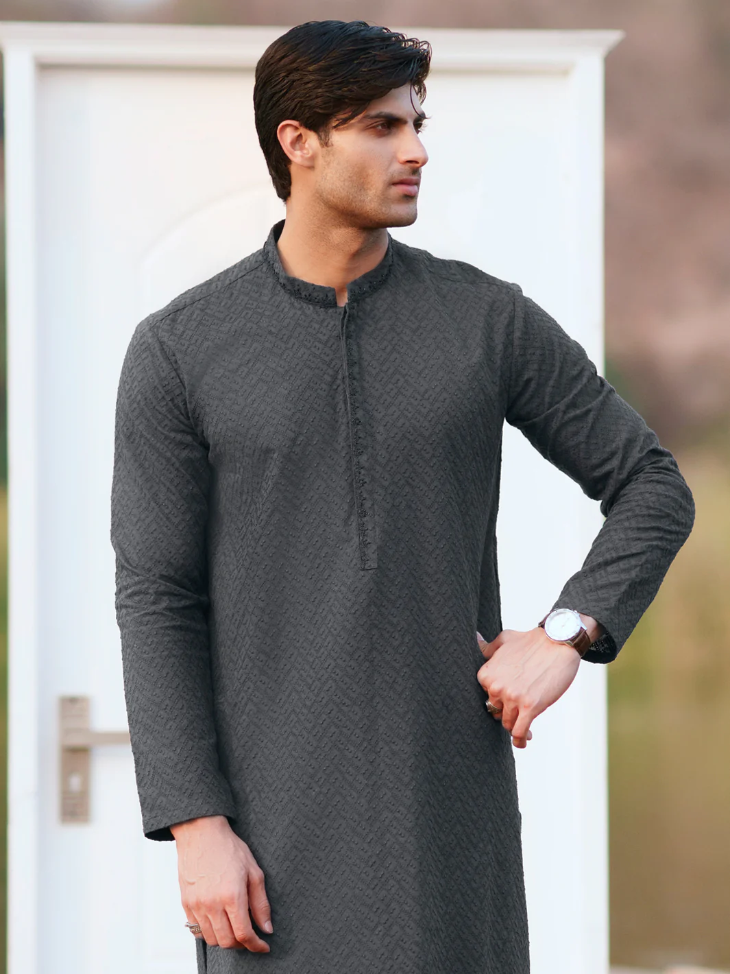 Black Cotton Formal Kurta - AL-K-1311D - Image 2